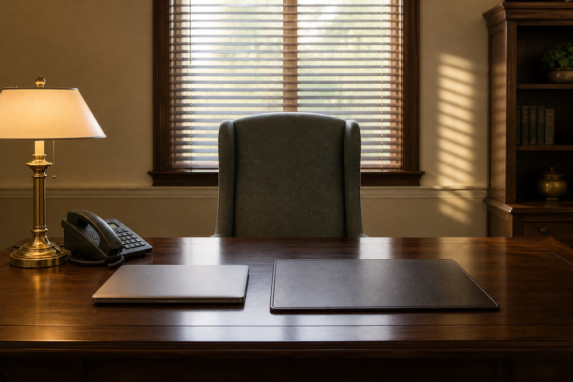 An empty funeral home arrangement desk seen from the family's chair โ a black corded telephone, a closed laptop, a bare leather blotter and a lit brass lamp on dark wood, an empty high-backed gray-green chair behind it, slatted blinds beyond, and no papers or signage in frame