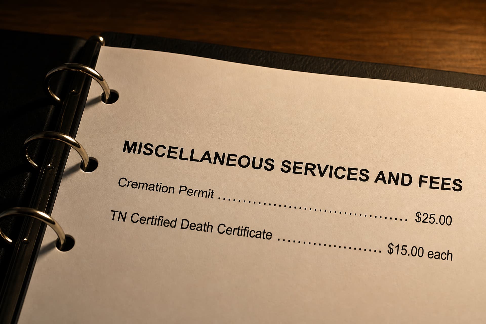 A price-list page in an open three-ring binder under a desk lamp at night, shot low and oblique so the rings and the page curve show, reading MISCELLANEOUS SERVICES AND FEES above exactly two lines โ "Cremation Permit" $25.00 and "TN Certified Death Certificate" $15.00 each โ with no letterhead or business name in frame