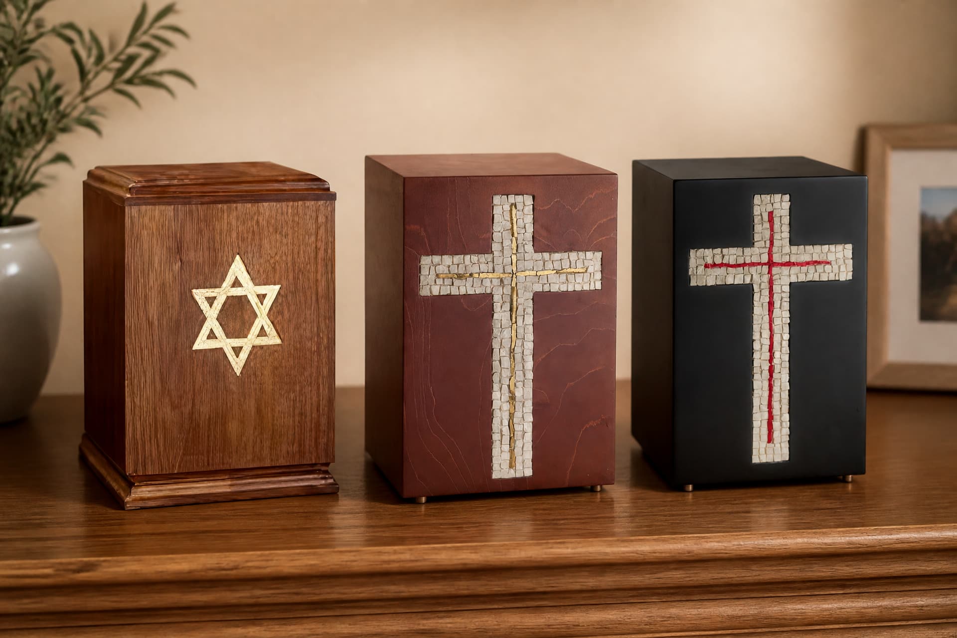 Three box-shaped religious cremation urns in a row on a wooden sideboard โ walnut inlaid with a gold Star of David, maroon with a white mosaic cross veined in gold, and black with the same cross veined in red