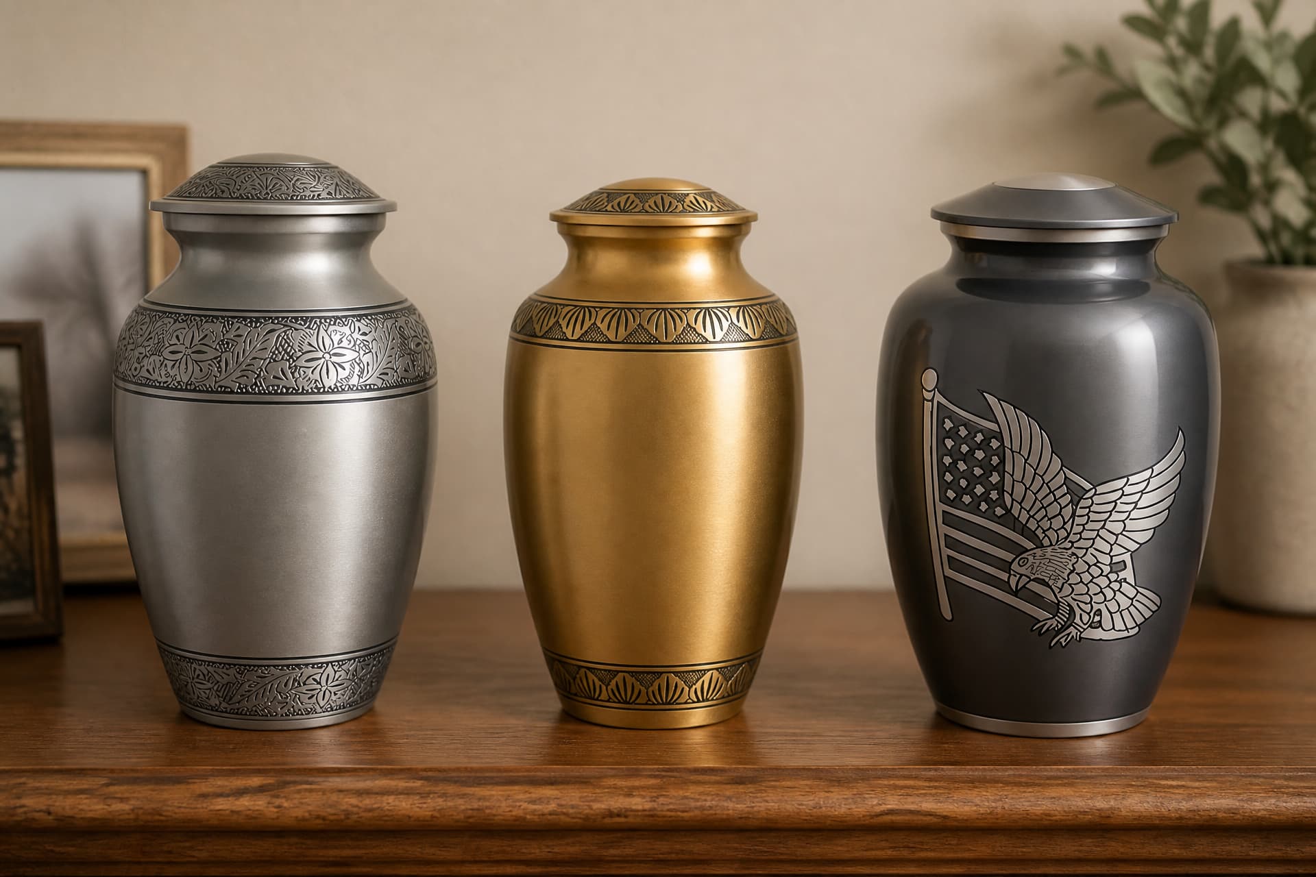 Three metal cremation urns in a row on a wooden shelf in warm light โ pewter-gray with etched floral bands, satin gold with shell bands, and charcoal engraved with a silver eagle and United States flag