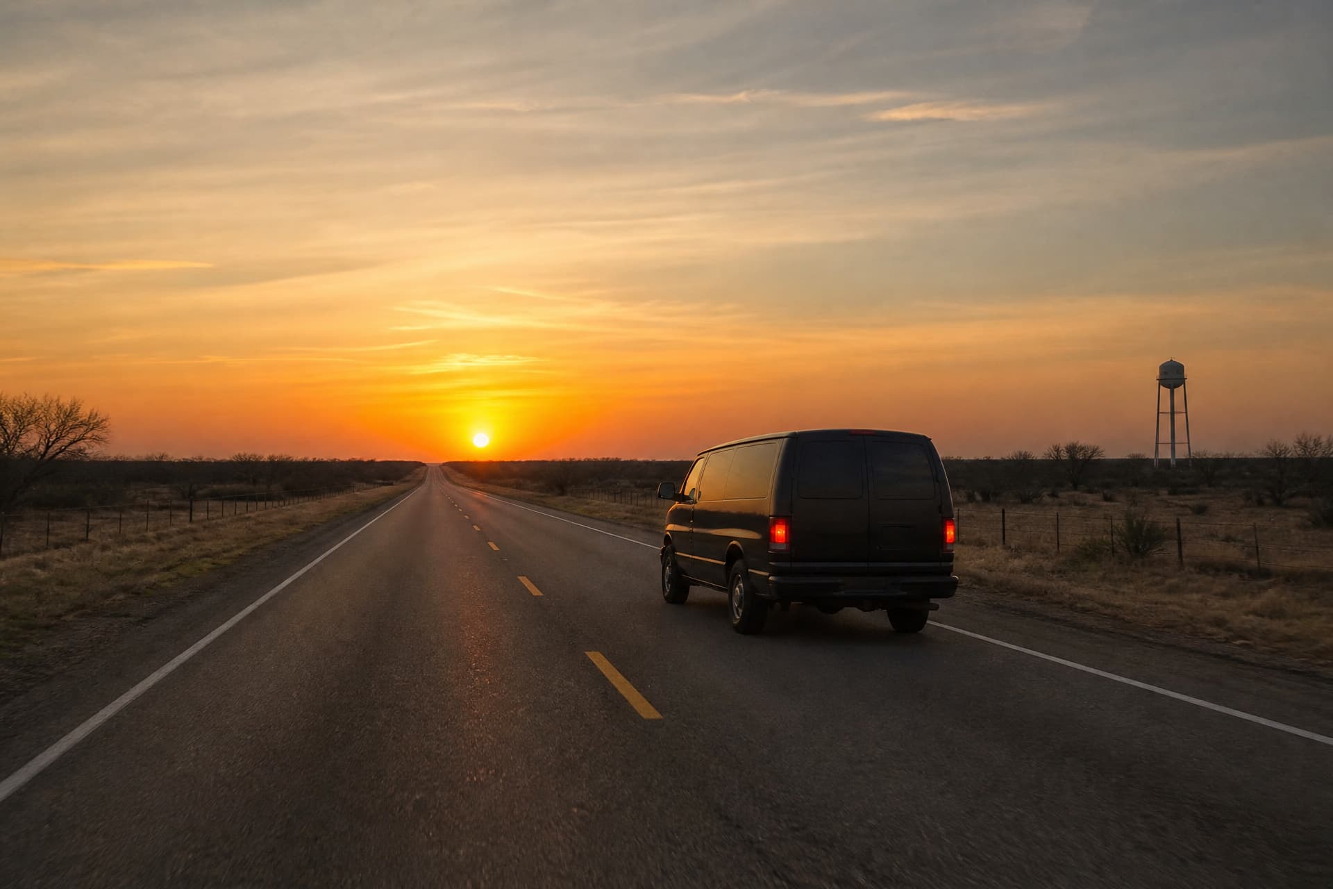 A plain dark van driving away from the camera in the right-hand lane of a straight two-lane Texas highway at sunset, with flat scrub and wire fencing either side and a bare metal water tower on the horizon