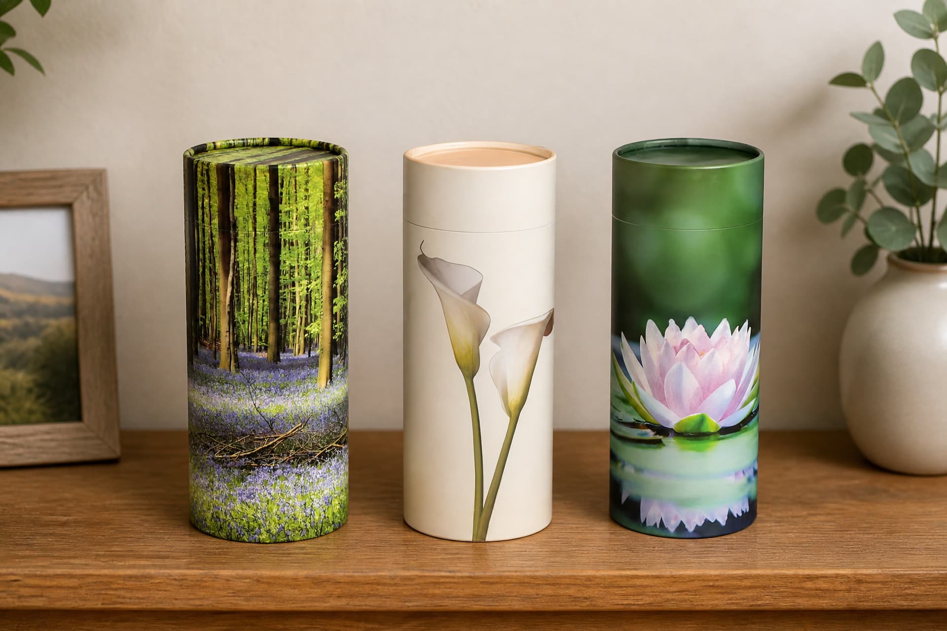 Three cylindrical scattering tubes standing in a row on a wooden sideboard โ one printed with a bluebell woodland, one cream with two white calla lilies, one deep green with a pink water lily โ with a framed landscape photograph and a plant in a pale vase behind them