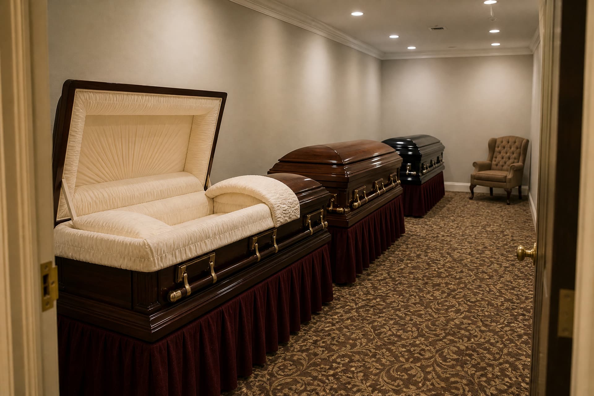 Three full-length adult caskets on draped biers running down a funeral home showroom, the nearest one open showing a cream interior, with an upholstered armchair against the far wall giving the scale of the room