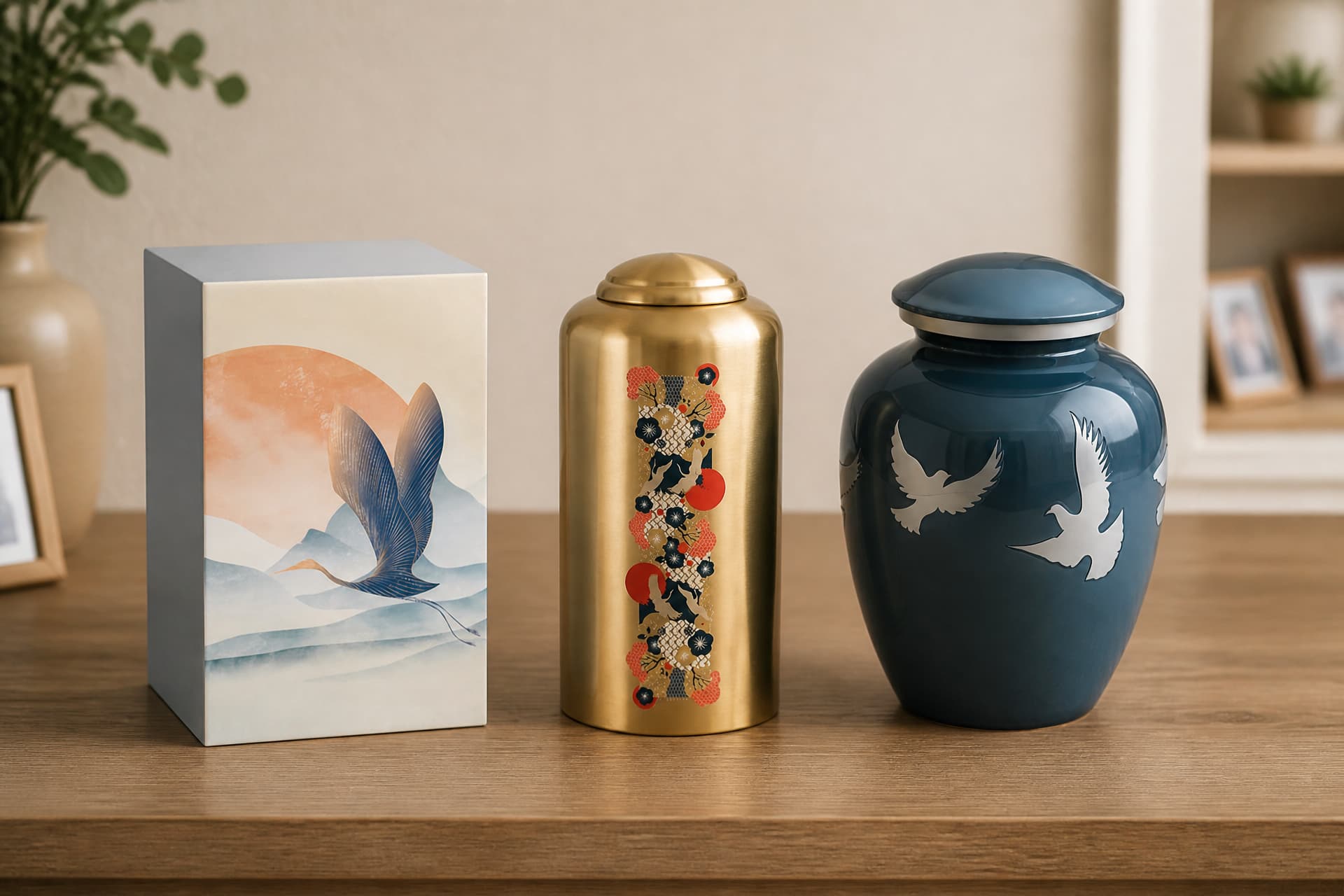 Three metal cremation urns standing in a row on a wooden sideboard โ a rectangular niche box printed with a flying crane over pale blue mountains, a brushed gold cylinder with a red and navy crane panel down its front, and a deep blue urn with white doves in flight around it