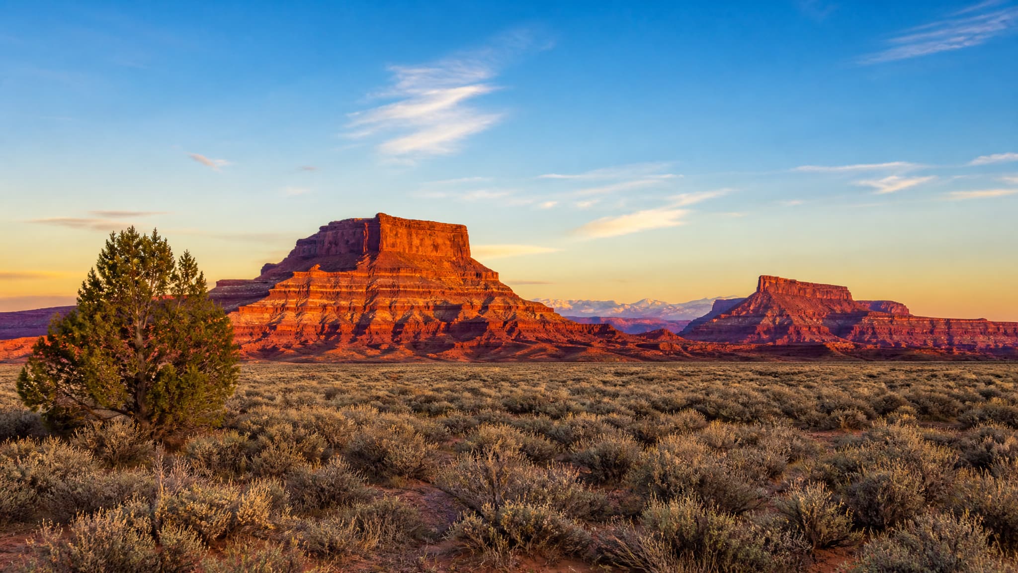 Layered sandstone mesas and buttes in deep orange under late afternoon light above a wide sagebrush flat, with a small blue snow-capped range low on the far horizon