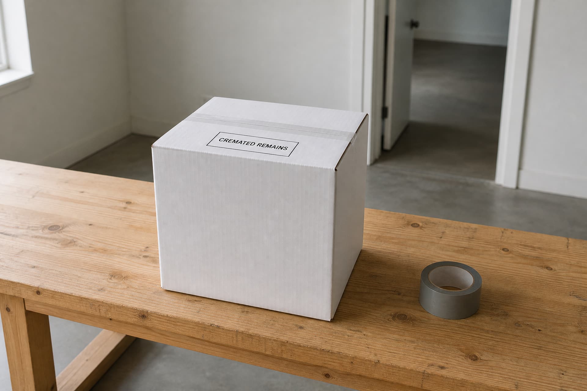 A sealed plain white cardboard carton about a foot square on a bare wooden packing bench, a single label on its top face reading CREMATED REMAINS, a roll of gray tape beside it and an open doorway behind