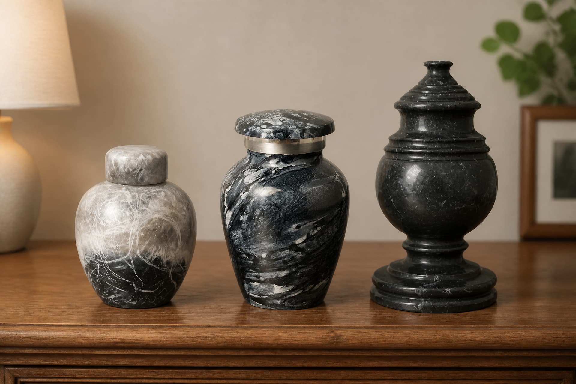 Three keepsake cremation urns in dark gray and black marbled stone standing in a row on a wooden sideboard in warm lamplight โ a lidded jar, a banded vase and a footed urn, none of them lettered or engraved