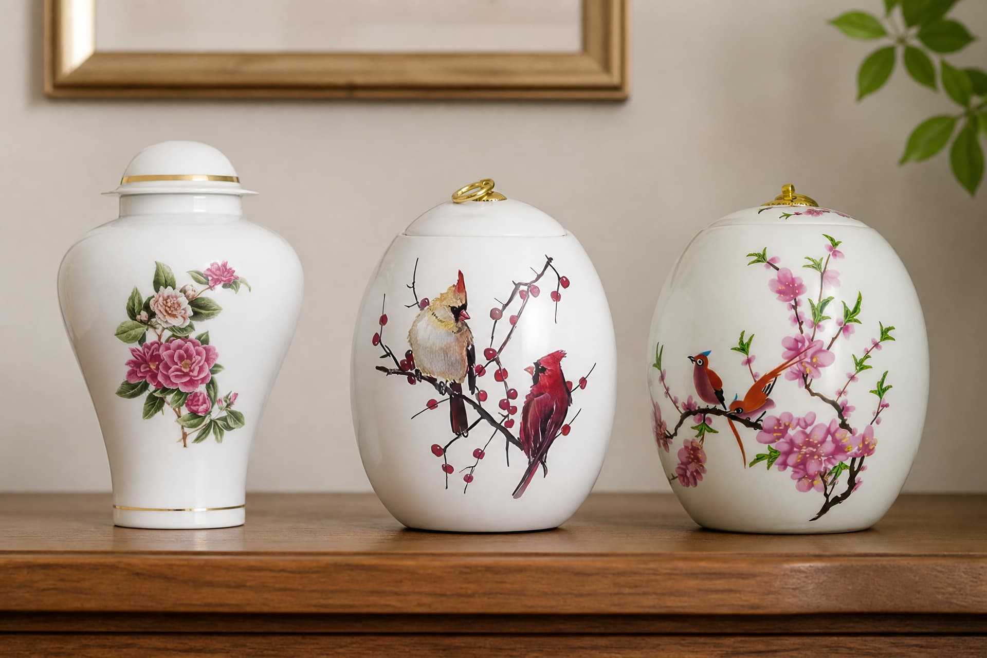 Three white ceramic cremation urns on a wooden sideboard in soft daylight โ a gold-banded temple jar painted with camellias, and two oval urns with gold finials painted with cardinals and cherry blossom