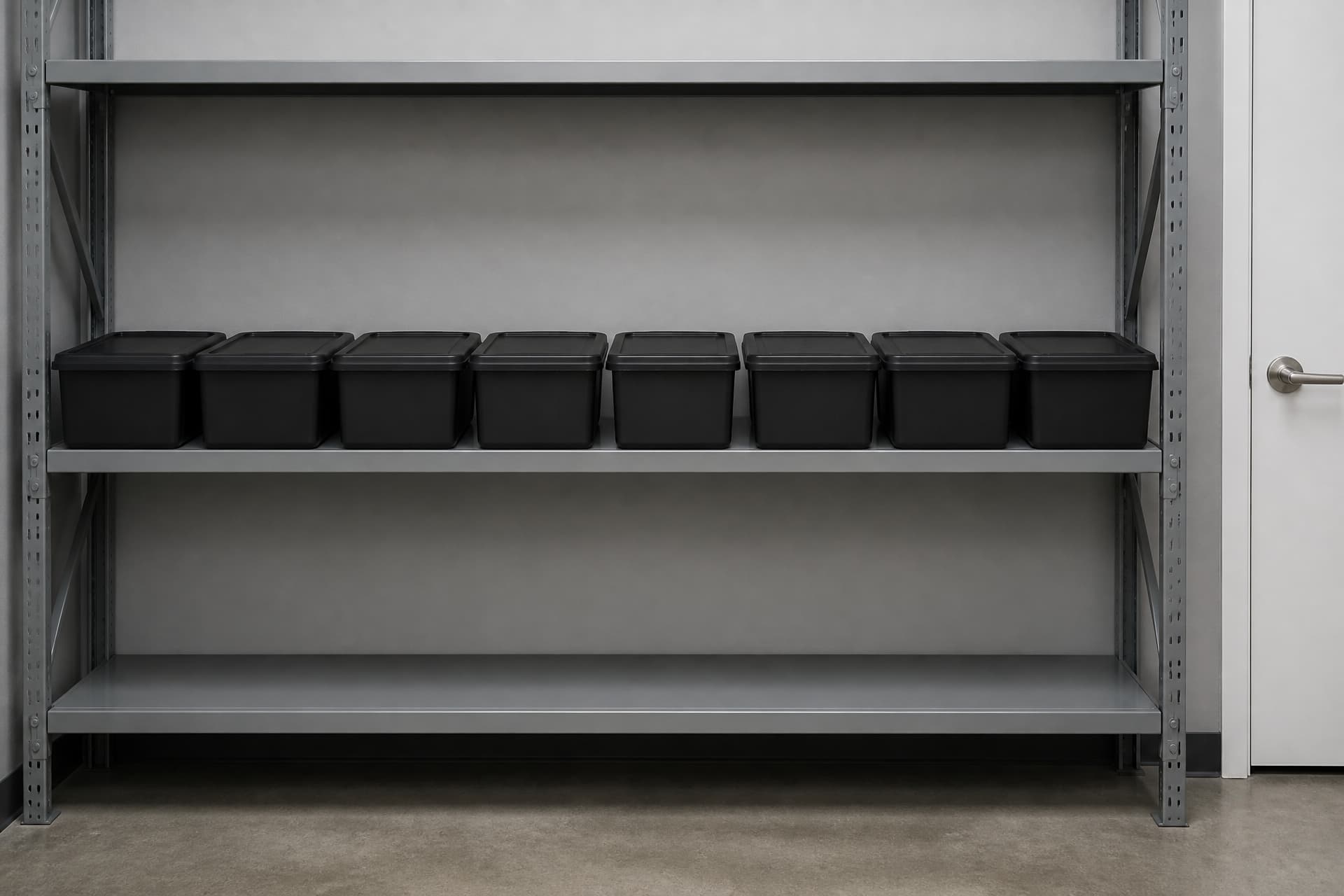 A tidy funeral home storeroom shelf in flat daylight holding eight identical plain black temporary cremation containers in one evenly spaced row at chest height, unmarked on every visible face, with a closed door at the right of the frame