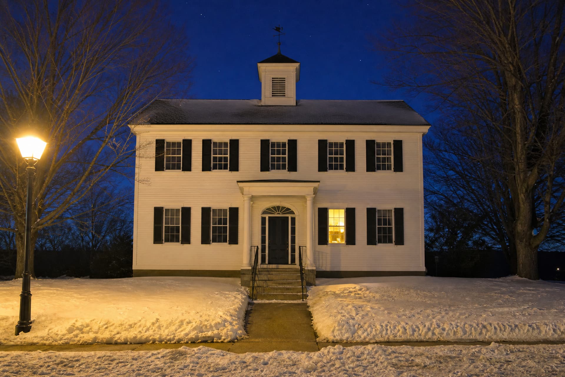 A small white clapboard New England town hall at winter dusk, seen from across the street: a louvered cupola against a deep blue sky, one ground-floor window lit warm yellow, and a shoveled path to granite steps