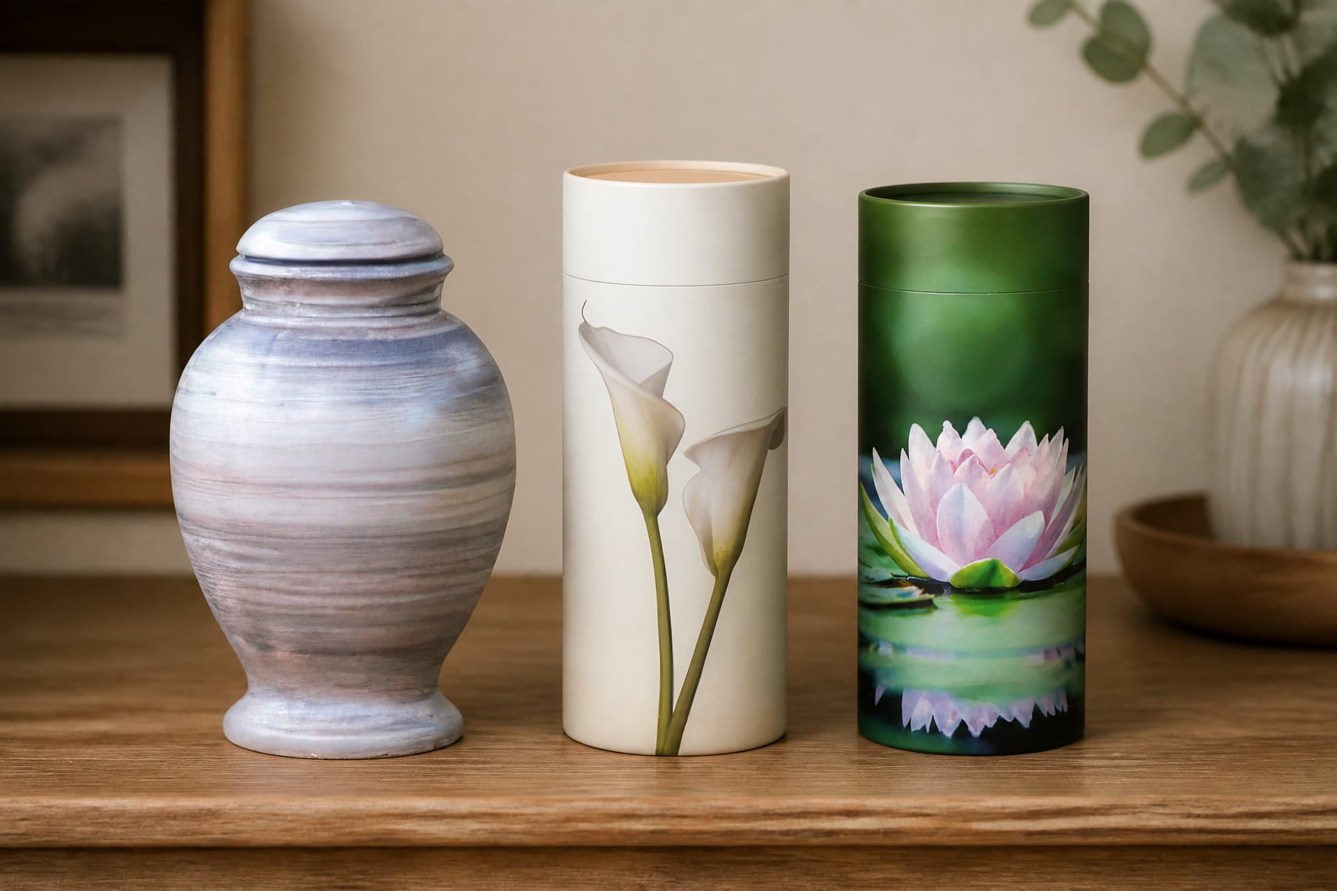 Three biodegradable cremation urns in a row on a wooden shelf in soft daylight โ a banded gray vase-shaped urn, a cream scattering tube printed with calla lilies, and a green one printed with a water lily