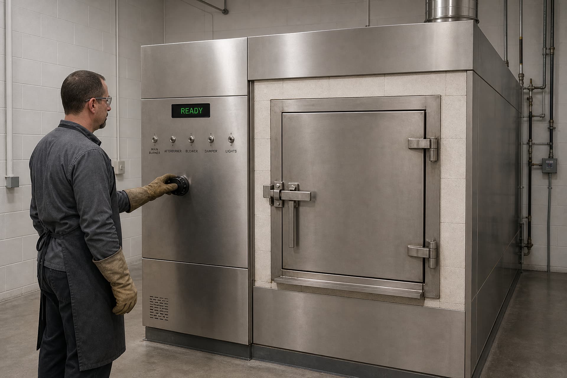 A crematory operator in a gray apron, tan gloves and safety glasses at the stainless control panel of a cremation retort, one gloved hand on a dial below five labeled switches and a green display reading READY, the retort's steel loading door closed beside him