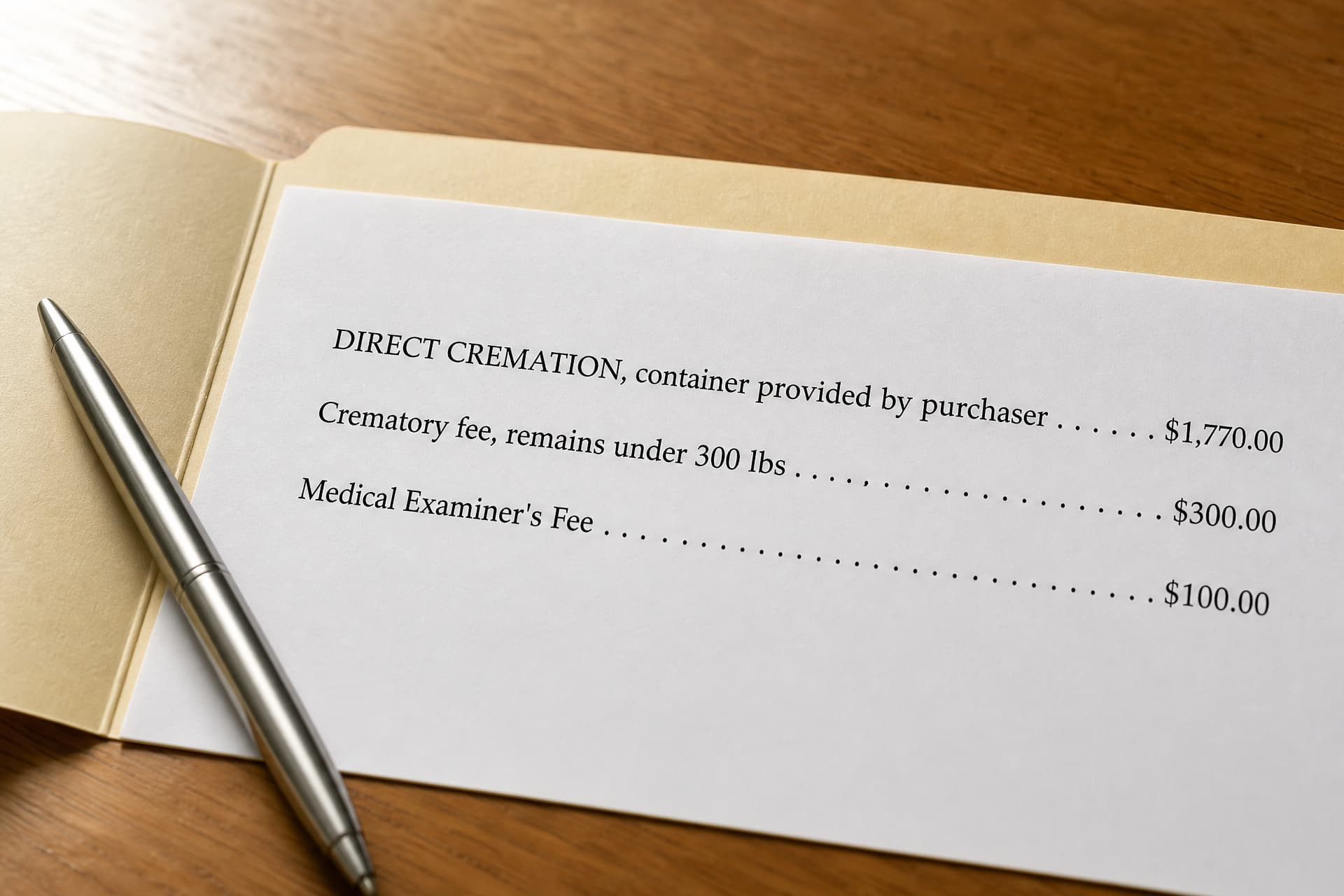 A funeral home price list in an open manila folder on a wooden desk, cropped to three priced lines โ "DIRECT CREMATION, container provided by purchaser $1,770.00", "Crematory fee, remains under 300 lbs $300.00" and "Medical Examiner's Fee $100.00" โ with a silver pen alongside