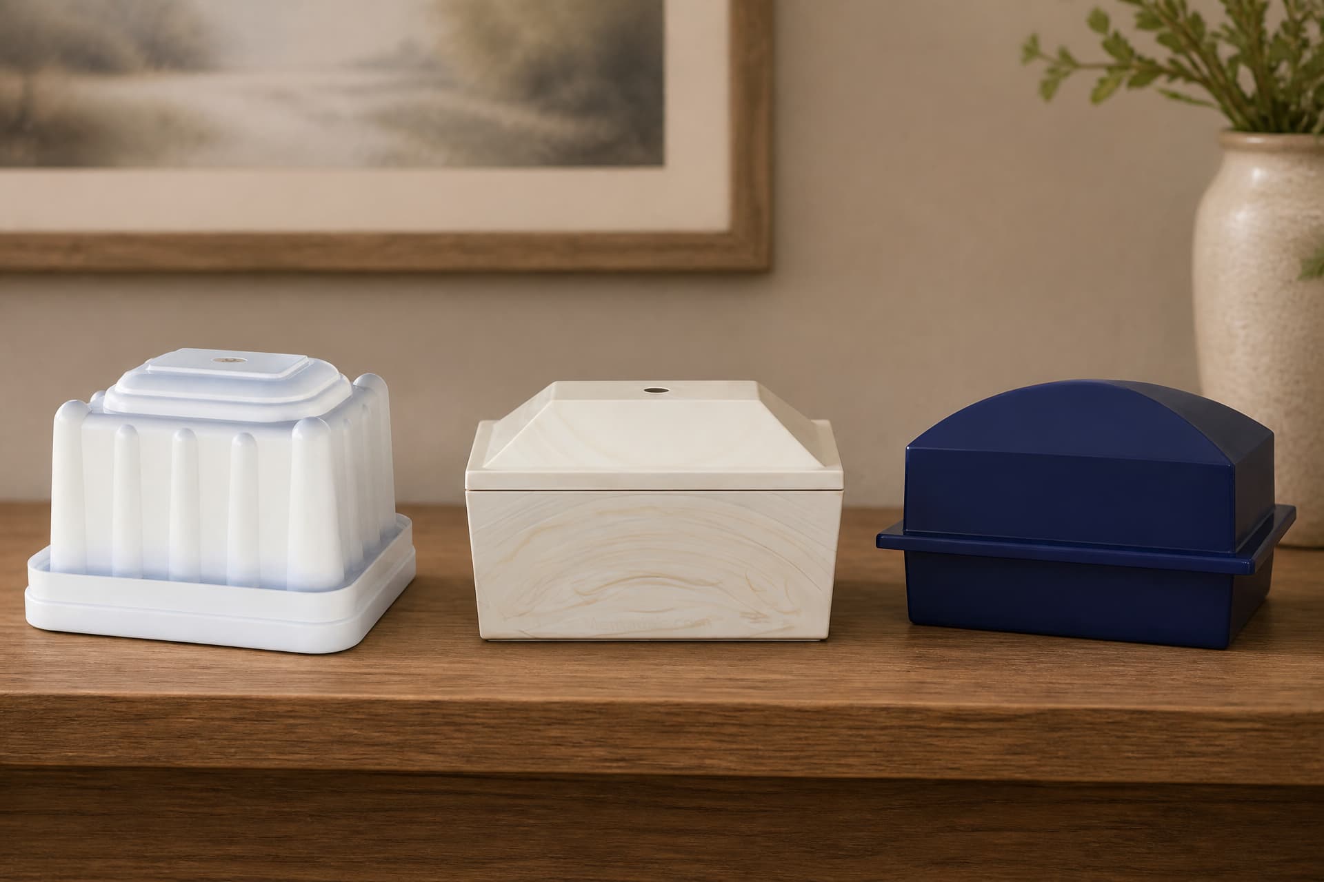 Three closed cremation urn vaults in a row on a wooden sideboard โ a white ribbed vault on a flanged tray, a cream marbled box vault with a recessed lid, and a navy blue vault with a domed lid