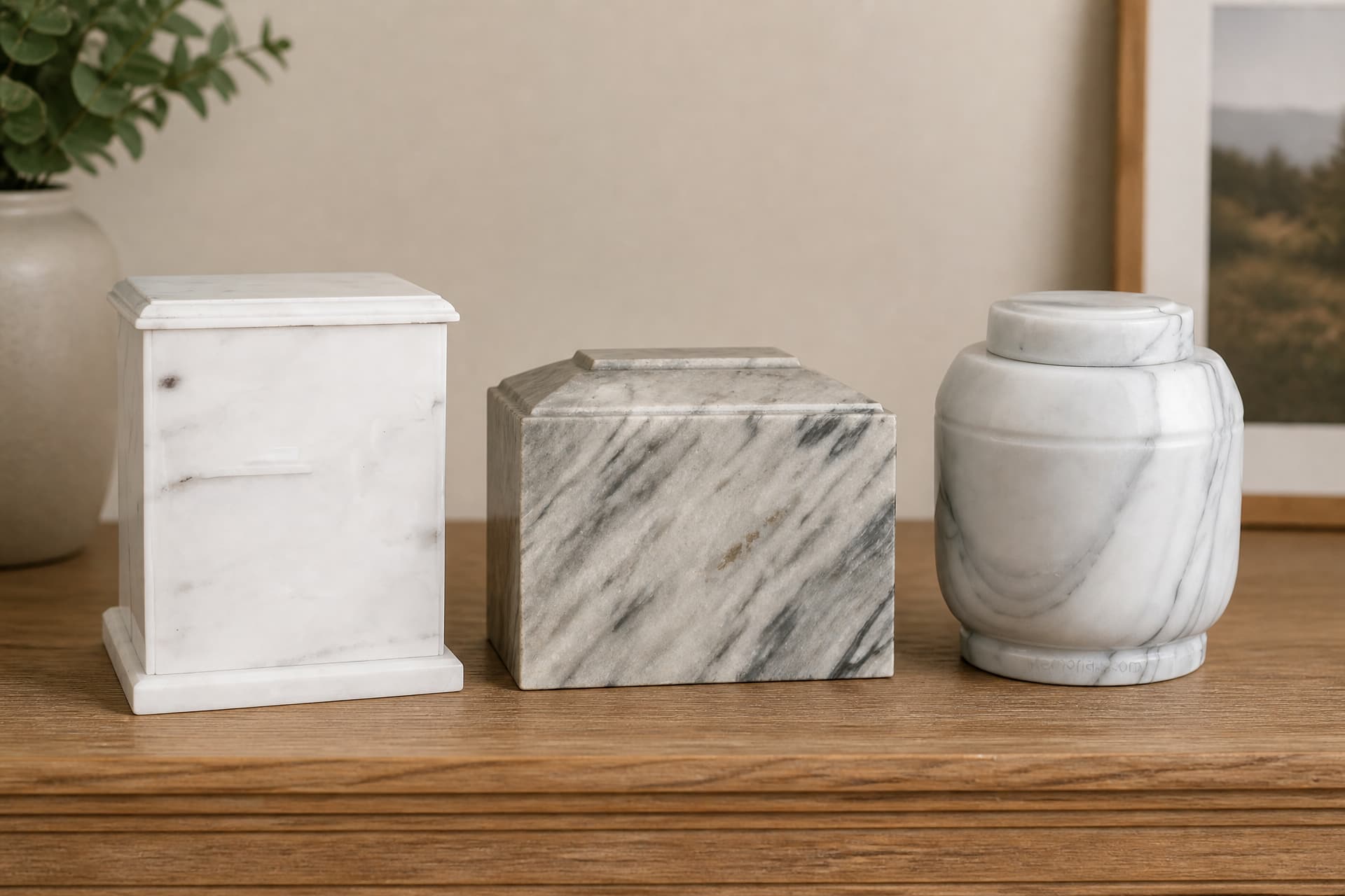 Three marble cremation urns in a row on a wooden sideboard โ a white marble box urn with a stepped lid and base, a gray-and-white diagonally veined marble box urn, and a rounded white marble jar urn with a domed lid