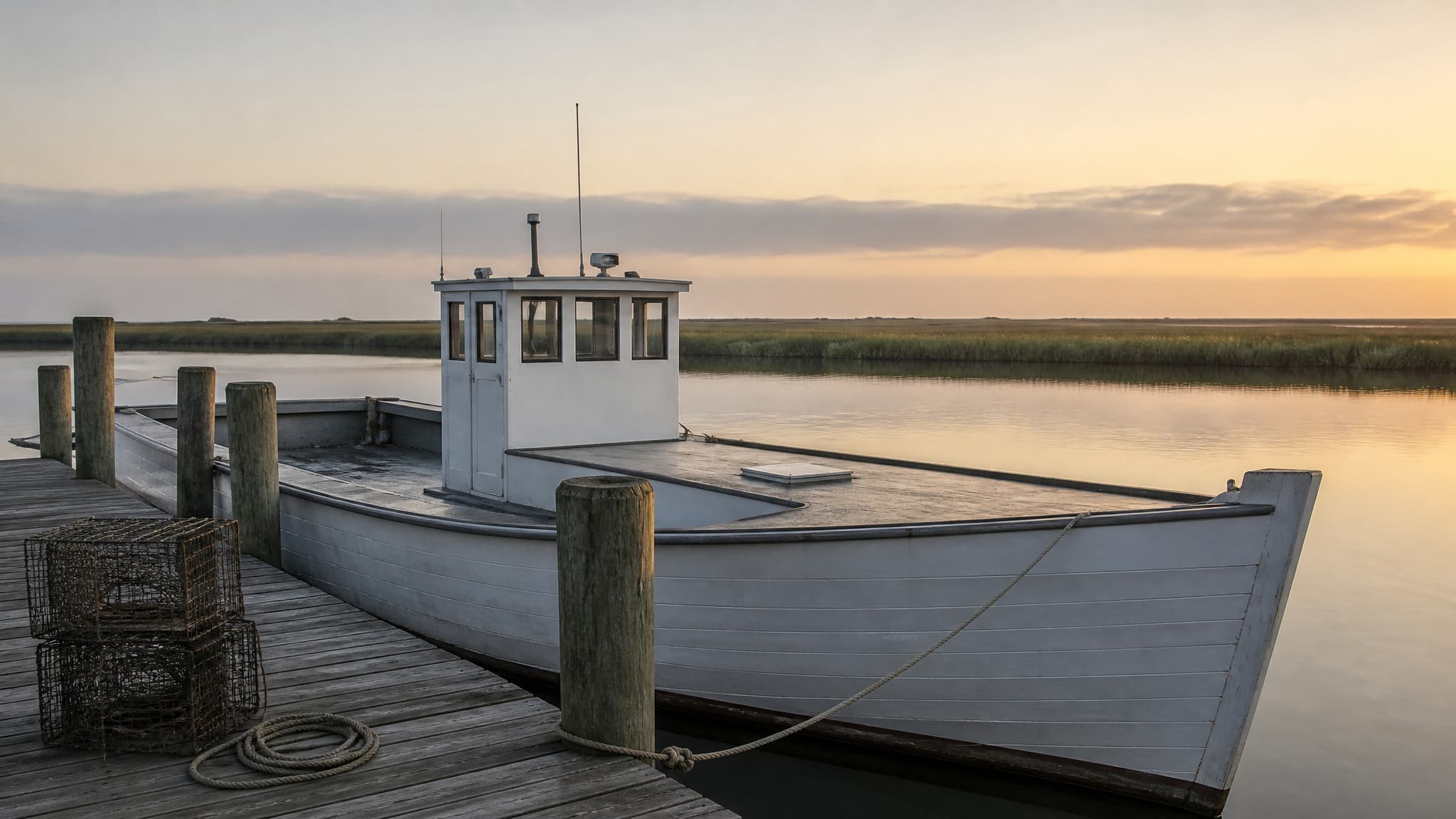 A white wooden Chesapeake deadrise workboat moored alongside a weathered timber pier at sunrise, with stacked crab pots and a coiled dock line on the boards and marsh grass along the far shore