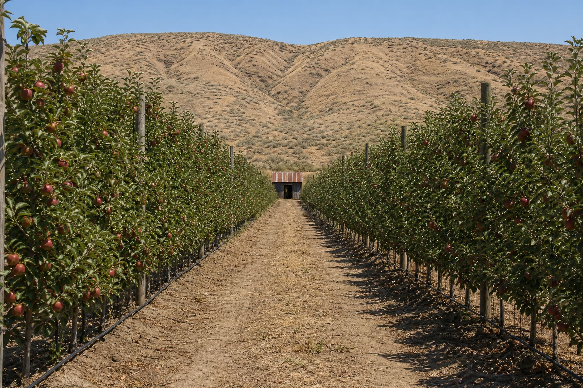 Irrigated apple orchard rows on the floor of the Columbia basin in hard midday light, bare brown shrub-steppe hills rising behind them, a small unpainted wooden farm shed at the end of a row giving the scale