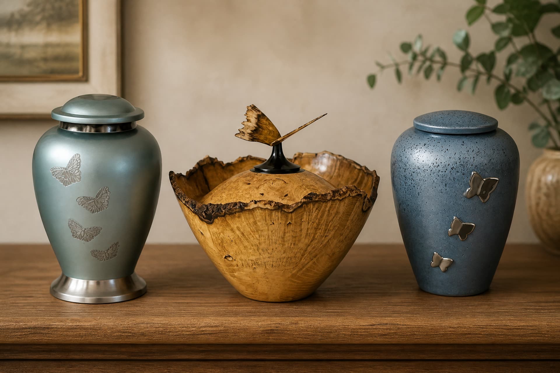 Three butterfly cremation urns on a wooden sideboard: a sage-gray metal urn with raised silver butterflies, a hand-turned golden burl wood bowl topped with a carved wooden butterfly, and a slate-blue speckled ceramic urn with pewter butterflies