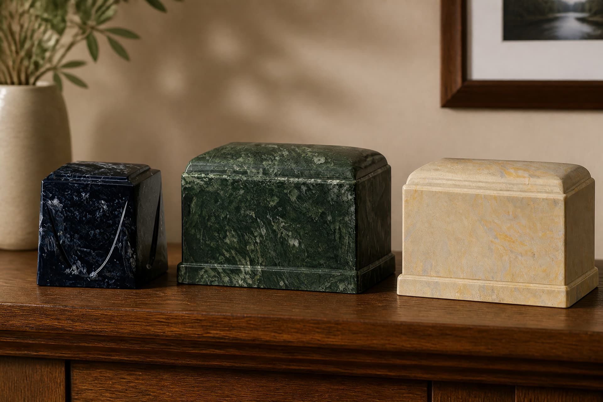 Three cultured stone cremation urns on a dark wooden sideboard in soft light: a small navy urn with white veining, a dark green marbled box urn and a larger cream-and-gold one, none of them engraved