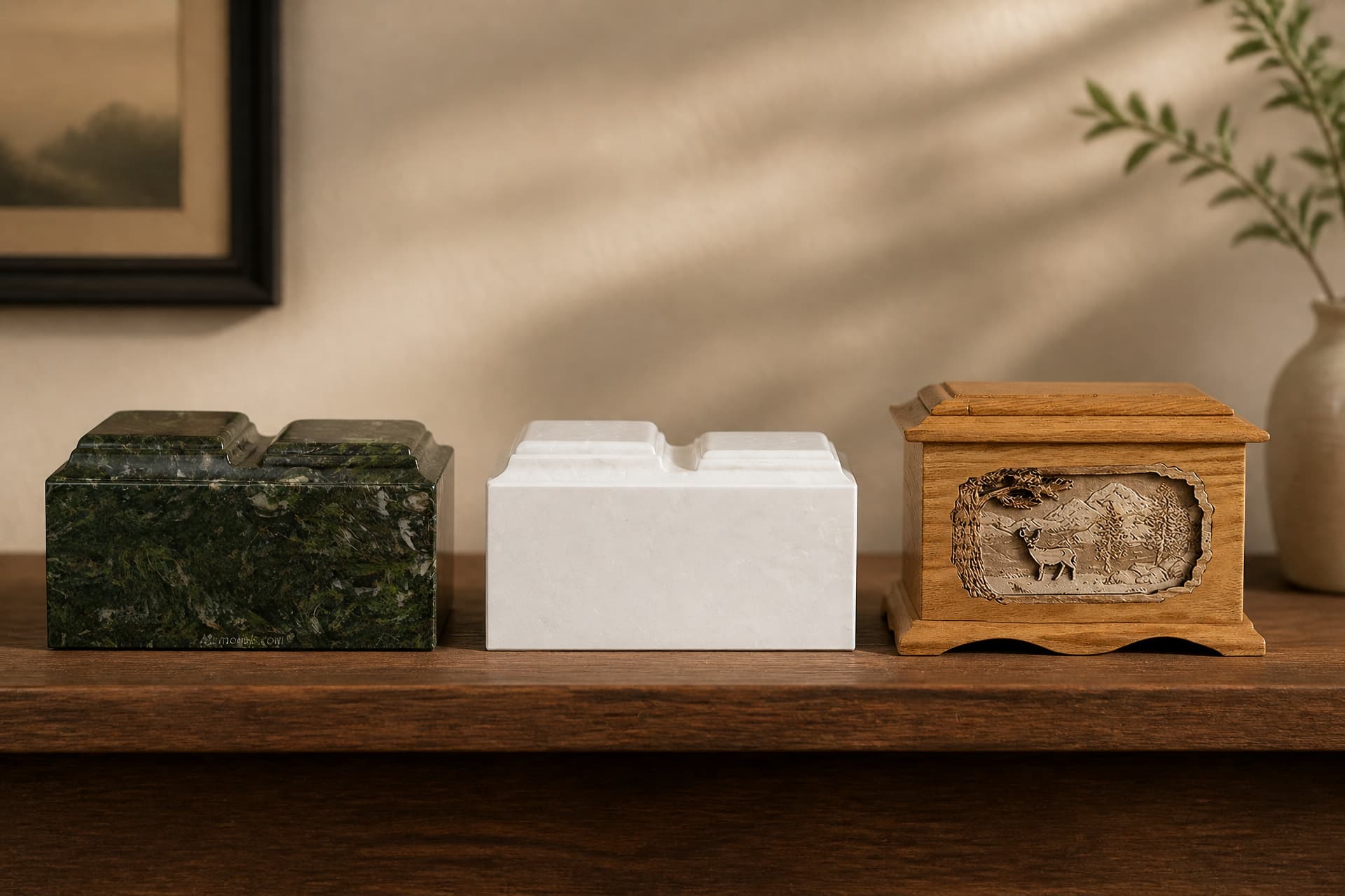 Three companion cremation urns side by side on a dark wooden sideboard in low daylight: a green marble box, a plain white marble box, and an oak chest with a carved deer and mountain panel