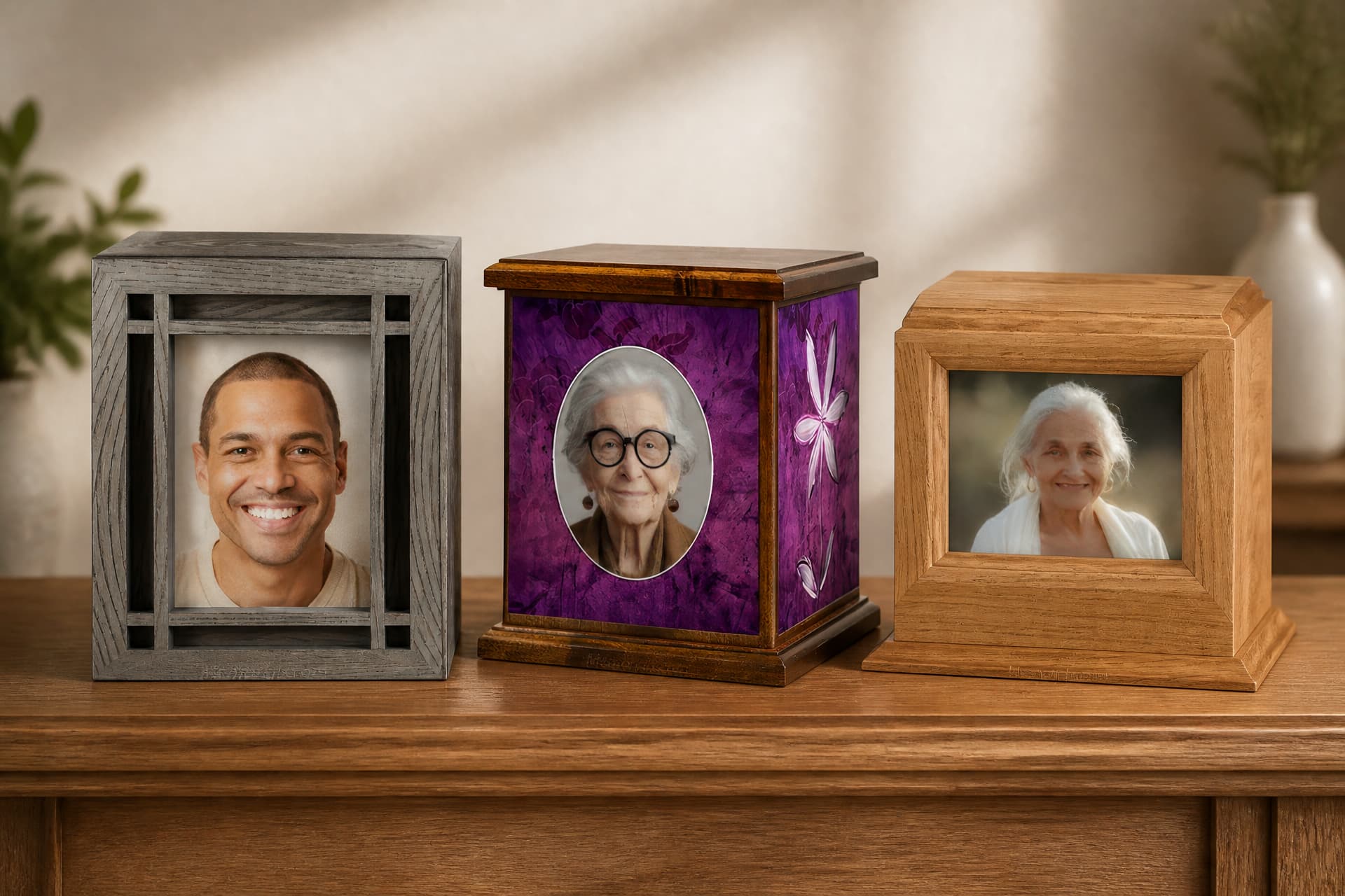 Three photo cremation urns spaced along a wooden sideboard, each carrying a different portrait: a gray slatted wooden chest, a purple panel with an oval portrait and a painted flower, and a light oak frame urn
