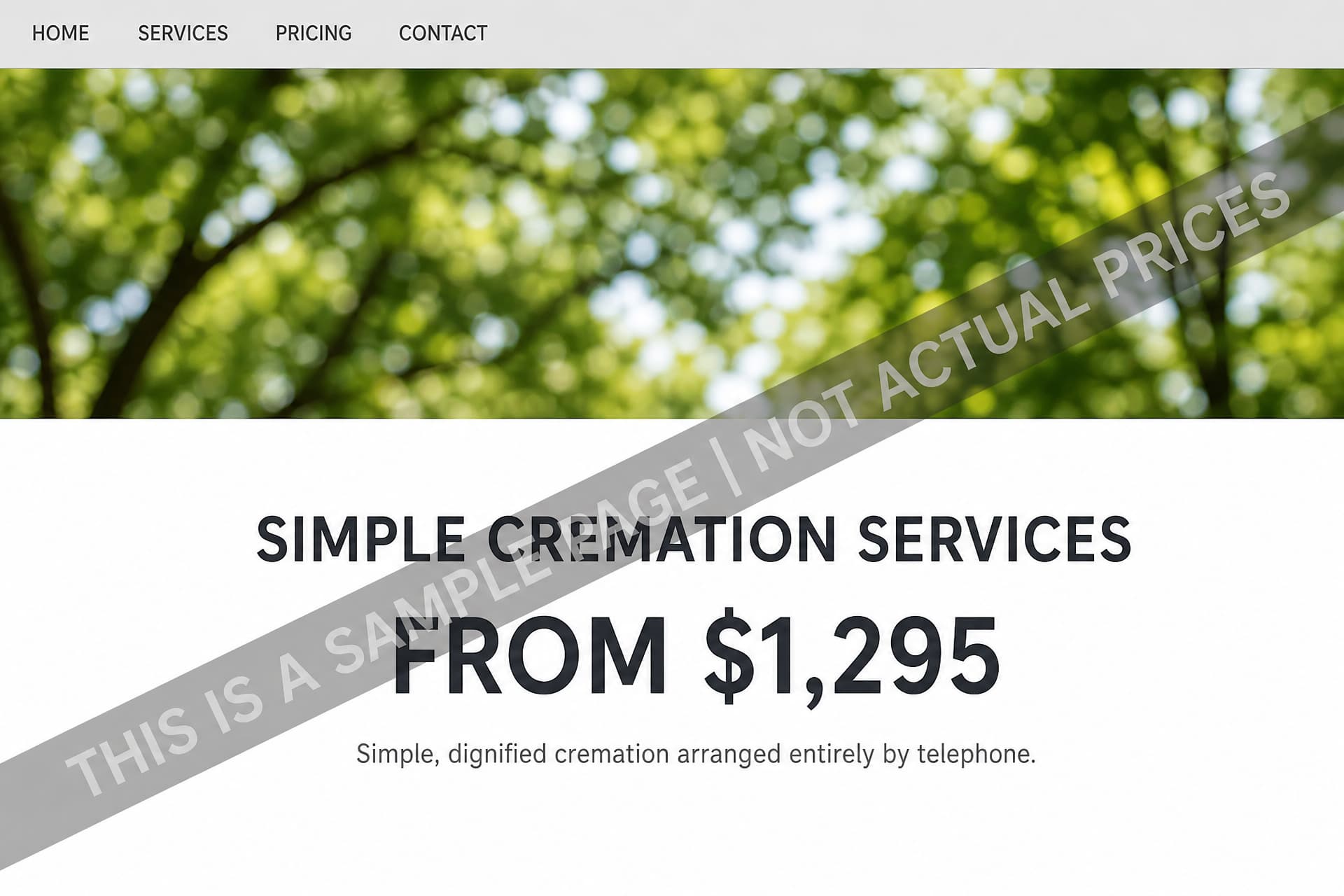 A web page filling the frame, scrolled past its masthead: a navigation row reading HOME SERVICES PRICING CONTACT, the heading SIMPLE CREMATION SERVICES, the line FROM $1,295, and a gray diagonal band lettered THIS IS A SAMPLE PAGE NOT ACTUAL PRICES