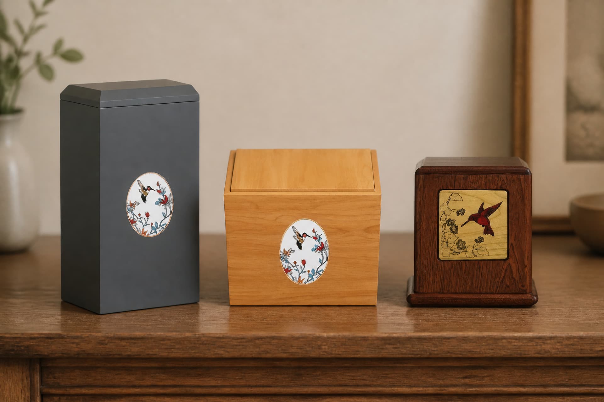 Three box-shaped urns in a row on a wooden sideboard: a tall slate-gray box with an oval hummingbird medallion, a honey-toned wooden box with a sliding lid and the same medallion, and a dark walnut box with a square inlaid panel showing a red hummingbird