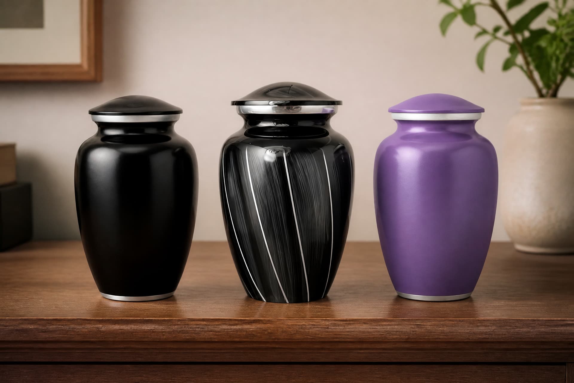 Three urns in a row on a wooden sideboard in a softly lit room: a plain gloss black urn with a silver band, a black urn with vertical silver-white streaks under a domed silver-rimmed lid, and a metallic lilac urn