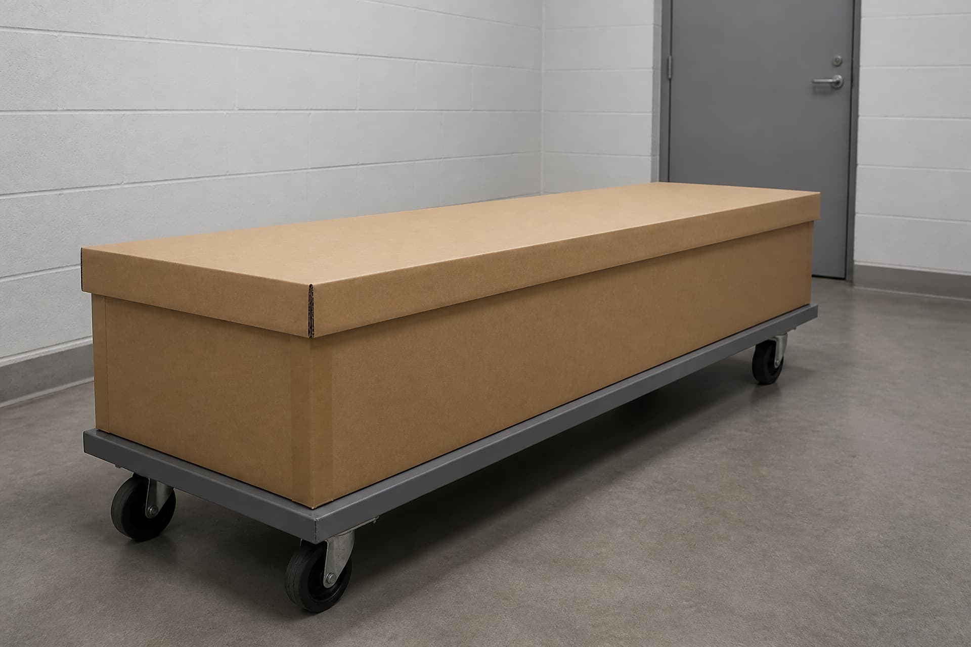 A plain kraft-brown corrugated fiberboard cremation container with a separate flat lid, standing on a low gray wheeled steel cart in a bare room with a sealed concrete floor, painted cinder block walls and one closed steel door; the box carries no printing, labels or brand marks of any kind