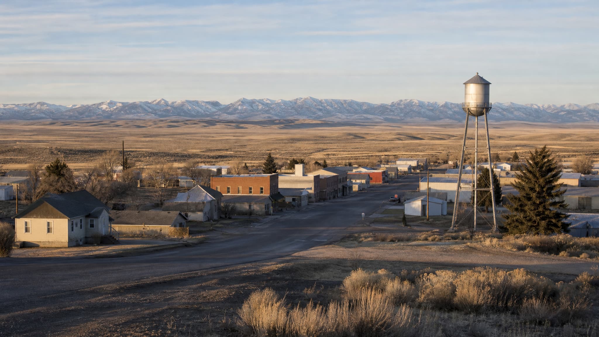 A small Wyoming prairie town seen from a low rise in late afternoon light โ two dozen low buildings and a bare metal water tower along a short main street, with open sagebrush plain running unbroken to a distant snow-dusted mountain range