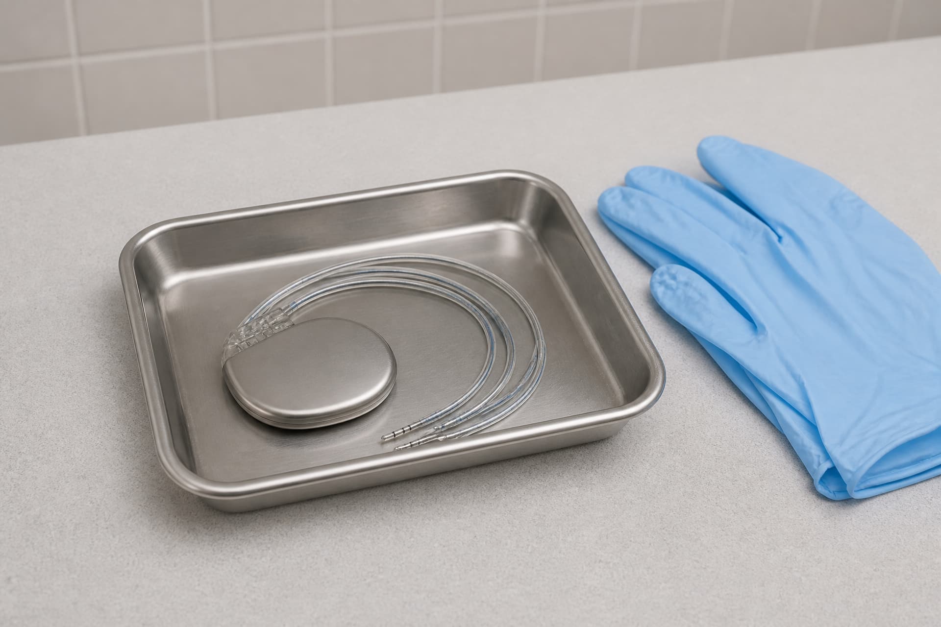 A stainless steel instrument tray on a pale gray preparation-room counter holding a single plain disc-shaped titanium pacemaker, its two clear lead wires coiled inside the tray around it, with a folded pair of blue nitrile gloves on the counter to the right and a tiled wall soft behind; no lettering or manufacturer marks anywhere in frame