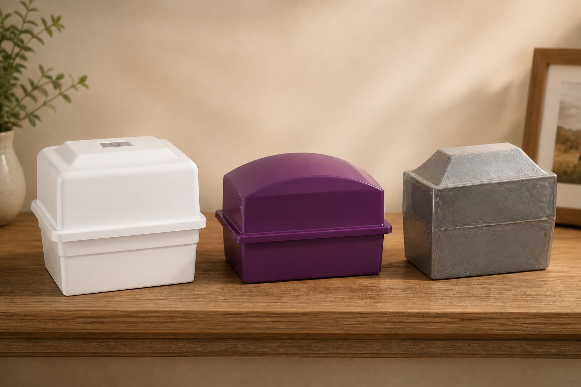 Three closed cremation urn vaults standing in a row on a wooden sideboard โ a white rectangular vault with a small metal plate on its lid, a glossy deep purple vault with a domed lid, and a gray stone-textured vault with a domed lid