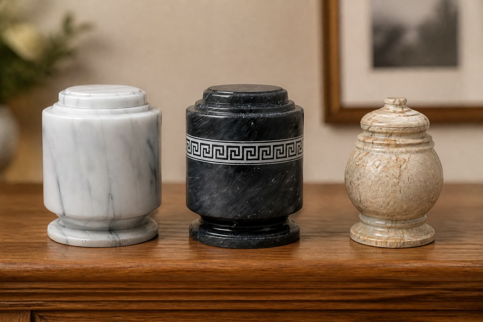 Three marble cremation urns standing in a row on a wooden sideboard in warm indoor light โ a white and gray veined urn with a stepped lid, a black urn banded with a silver Greek key pattern, and a noticeably smaller tan and cream keepsake urn with a domed finial lid