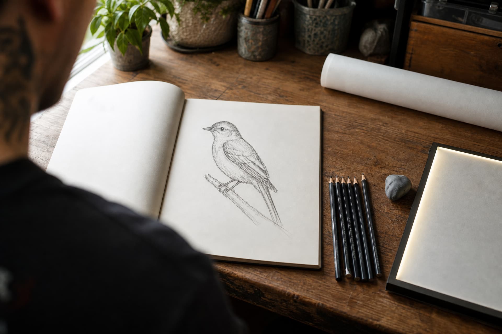 An over-the-shoulder view of a tattoo artist's desk with a sketchbook open to a hand-drawn line study of a small bird, pencils and a light box beside it