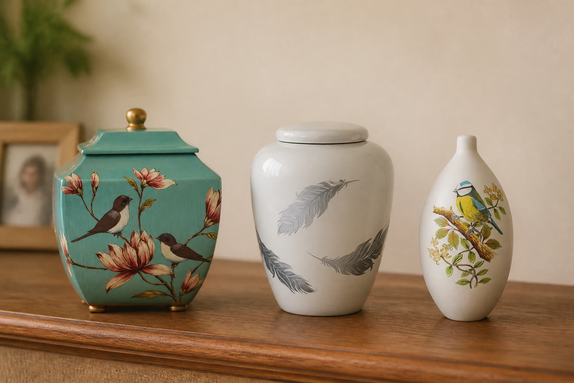 Three ceramic cremation urns with bird designs standing in a row on a wooden mantel in a softly lit family home
