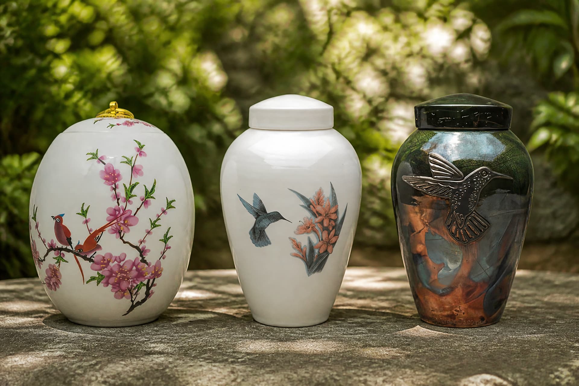 Three ceramic cremation urns with hummingbird and songbird designs standing on a weathered stone surface in a shaded garden