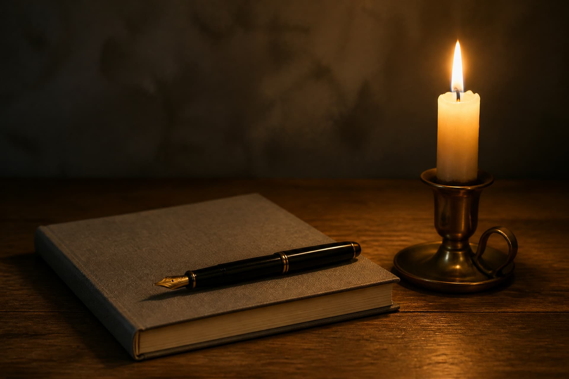 A fountain pen resting on a closed cloth-bound notebook beside a single lit candle on a plain wooden table in evening light