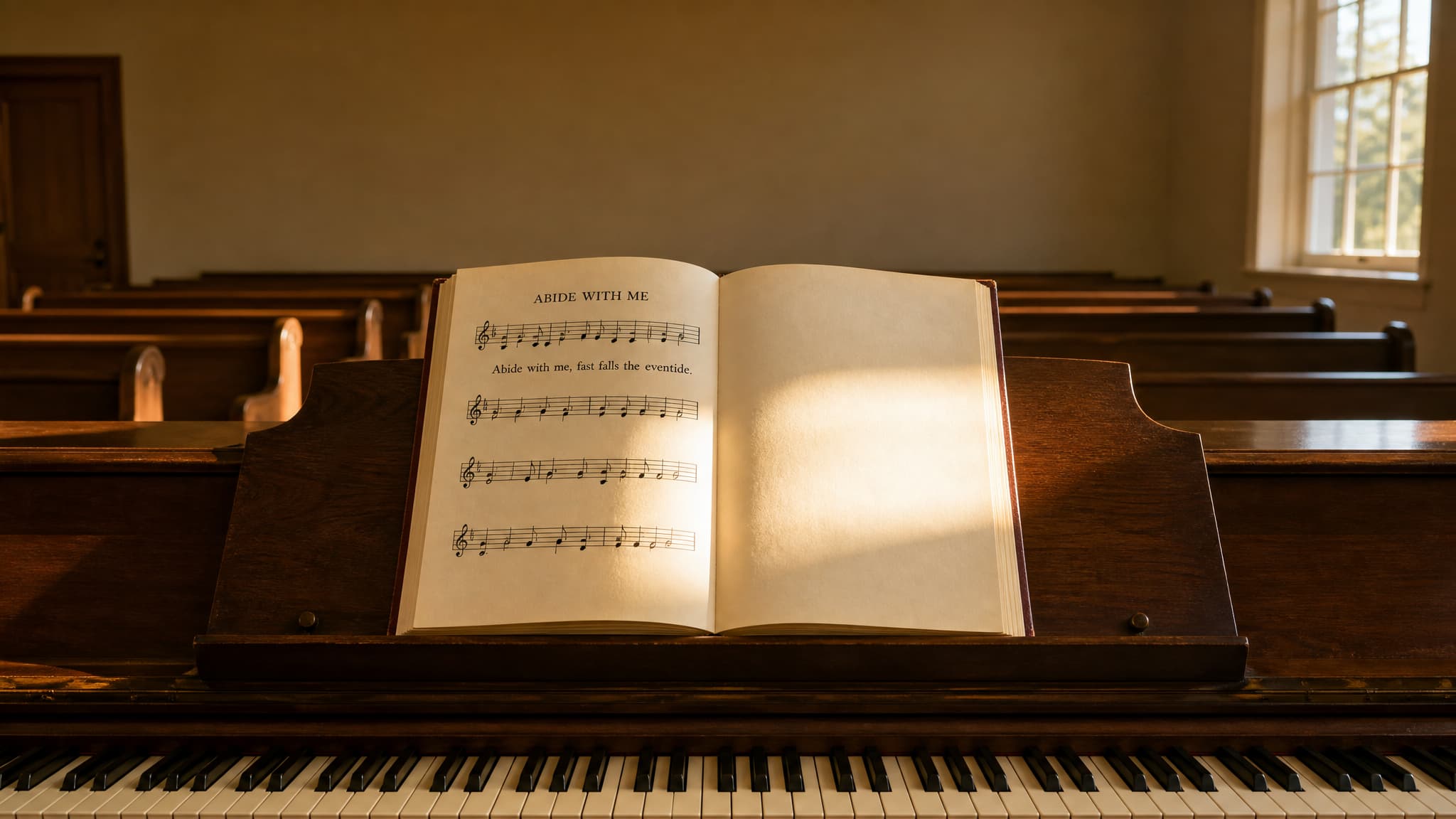 An open hymnal on an upright piano's music desk in a quiet chapel, the left page headed ABIDE WITH ME above four staves of printed music, late-afternoon sunlight across the paper