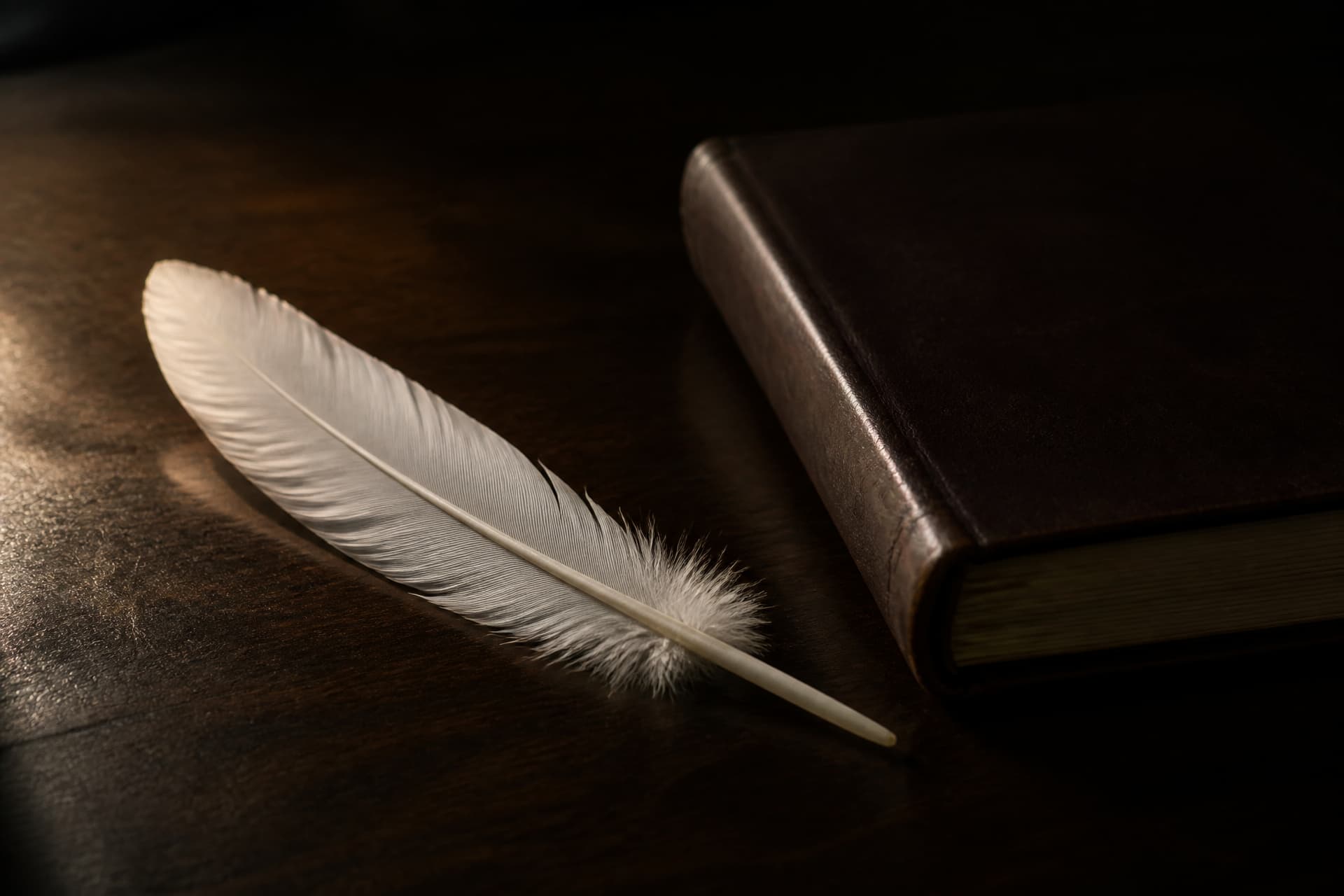 A single white feather resting on a dark polished wood surface beside a closed leather-bound book, lit from one side with deep shadow behind