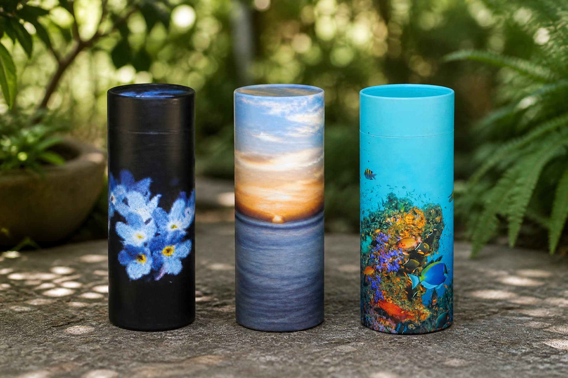 Three cylindrical biodegradable scattering urns standing in a row on a stone garden surface in dappled daylight