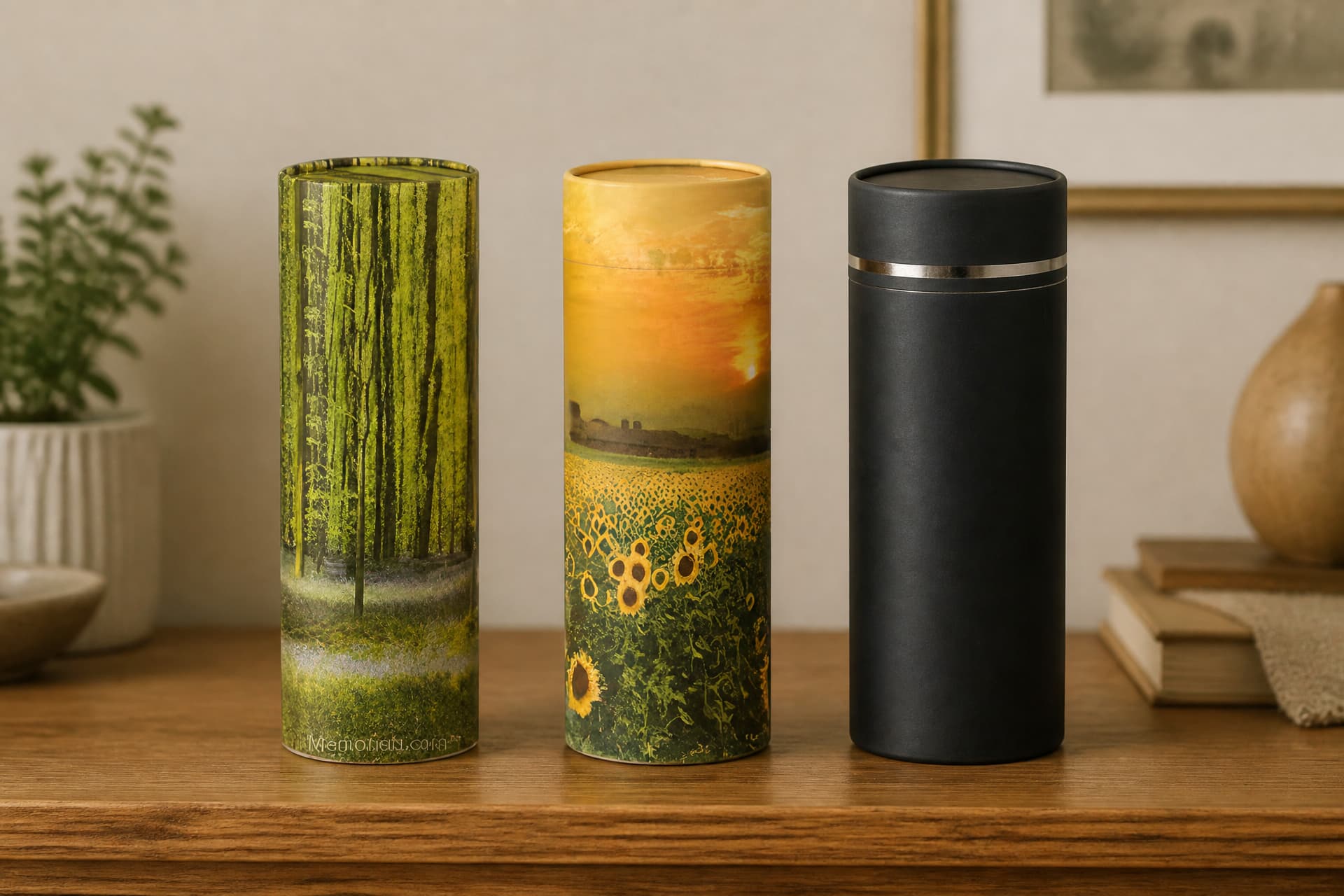 Three scattering urns in different finishes standing on a warm wooden sideboard in soft window light