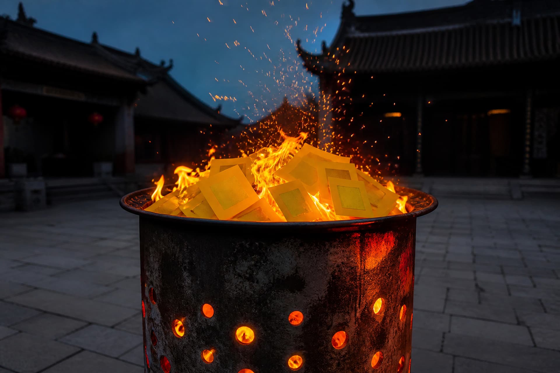 Folded paper offerings burning in a tall metal burner in a temple courtyard at dusk, orange firelight on the rim and sparks rising into the dark