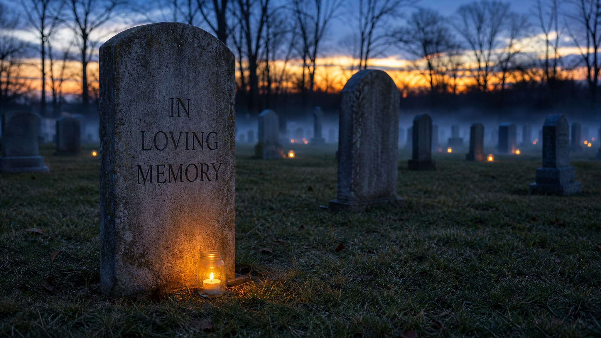 An old cemetery at dusk under bare trees, a weathered headstone carved IN LOVING MEMORY with a candle burning in a glass jar at its foot, more candles on graves behind it and low mist lying across the grass
