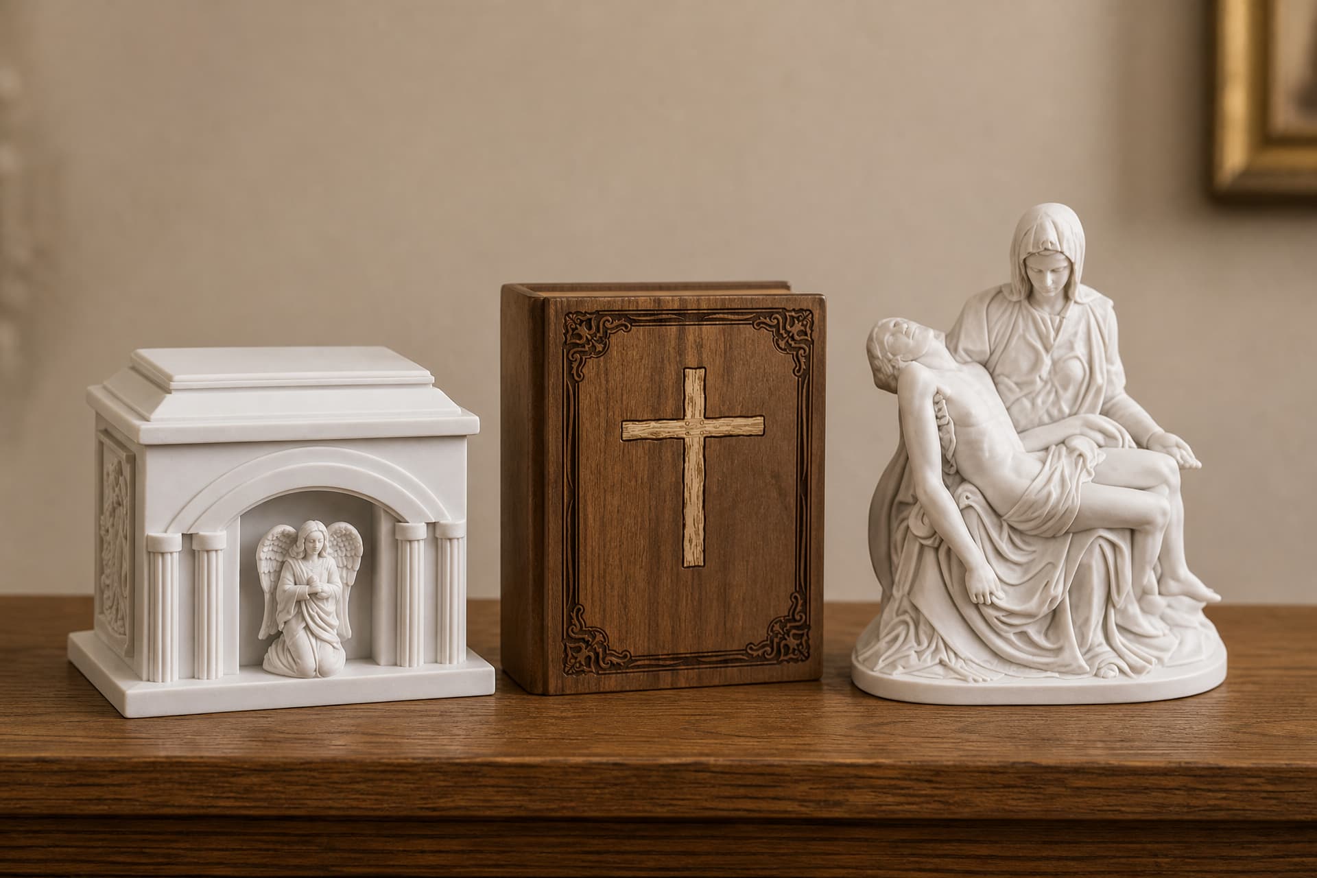 Three religious cremation urns standing in a row on a wooden shelf in a softly lit home, a white marble urn with a kneeling angel set in an arched niche, a walnut urn shaped like a closed bible with an inlaid cross, and a white sculpted PietΓ group