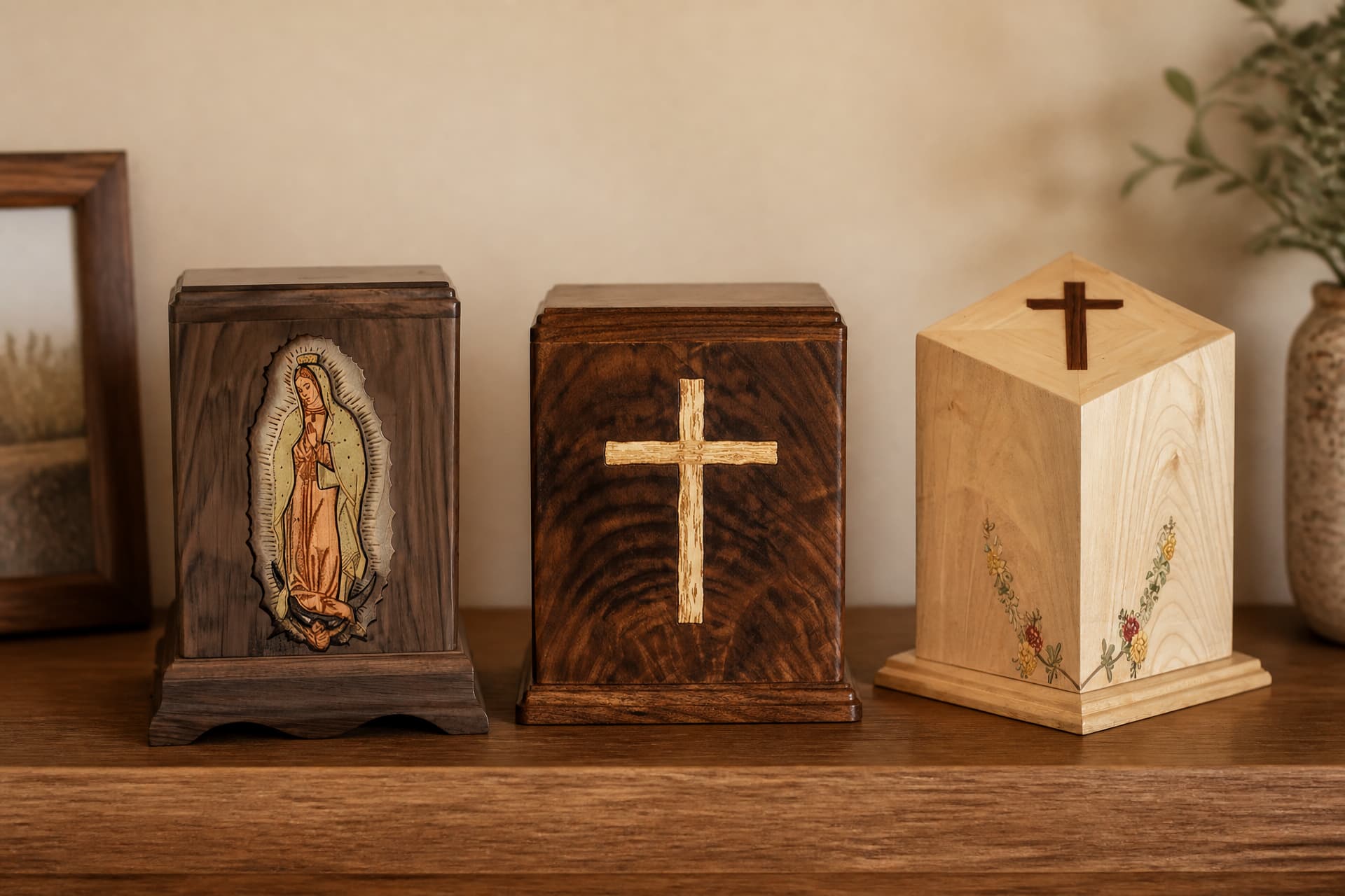 Three wooden cremation urns standing in a row on a shelf in a warmly lit room, a dark walnut urn with a colored inlay of Our Lady of Guadalupe on its front, a dark walnut urn with a pale cross inlaid on its front, and a pale wood urn with a peaked lid carrying a small dark cross