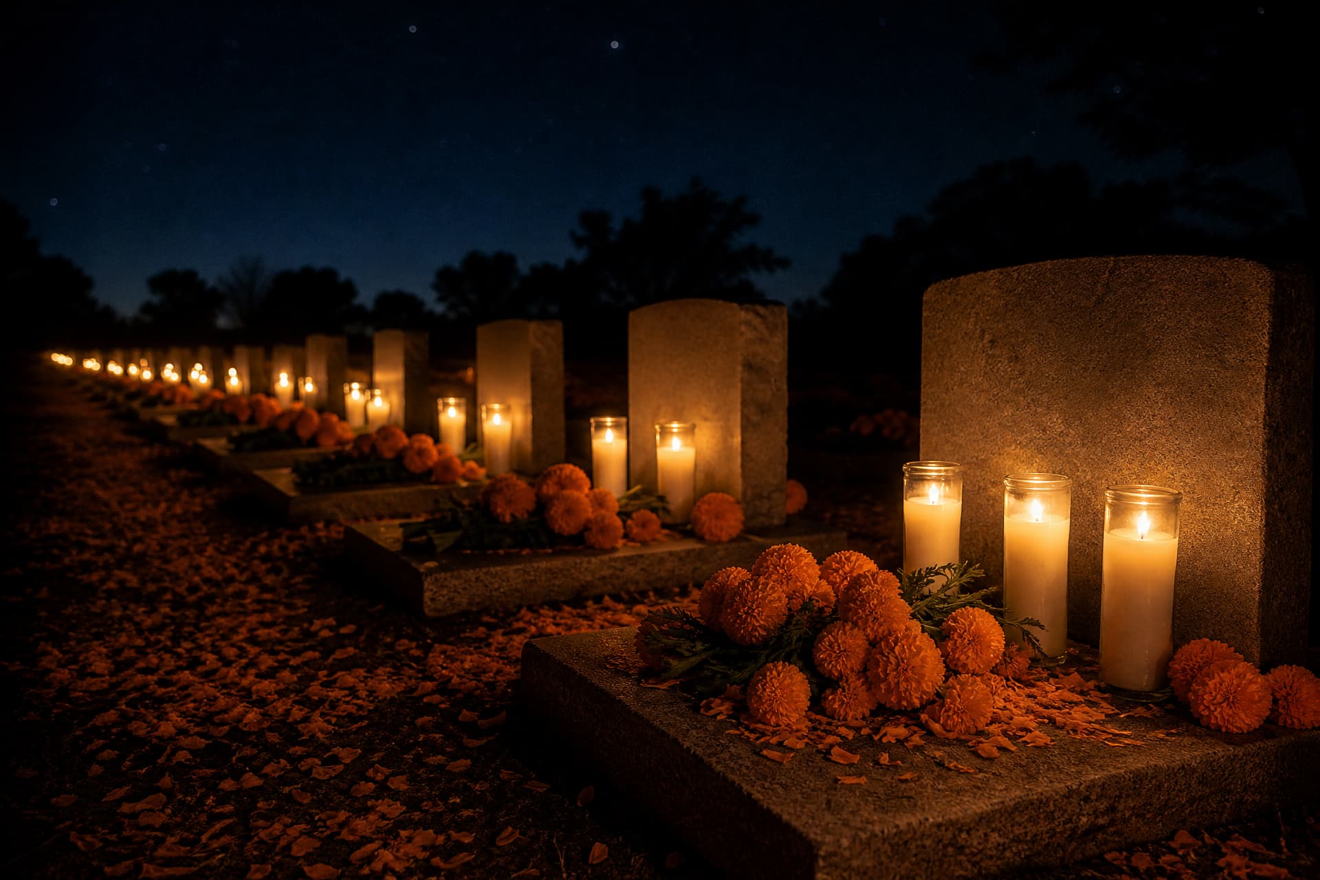 A cemetery at night seen low along a row of graves, each plot carrying several lit glass jar candles and heaped orange marigolds, with loose petals across the ground and warm points of light receding into the dark