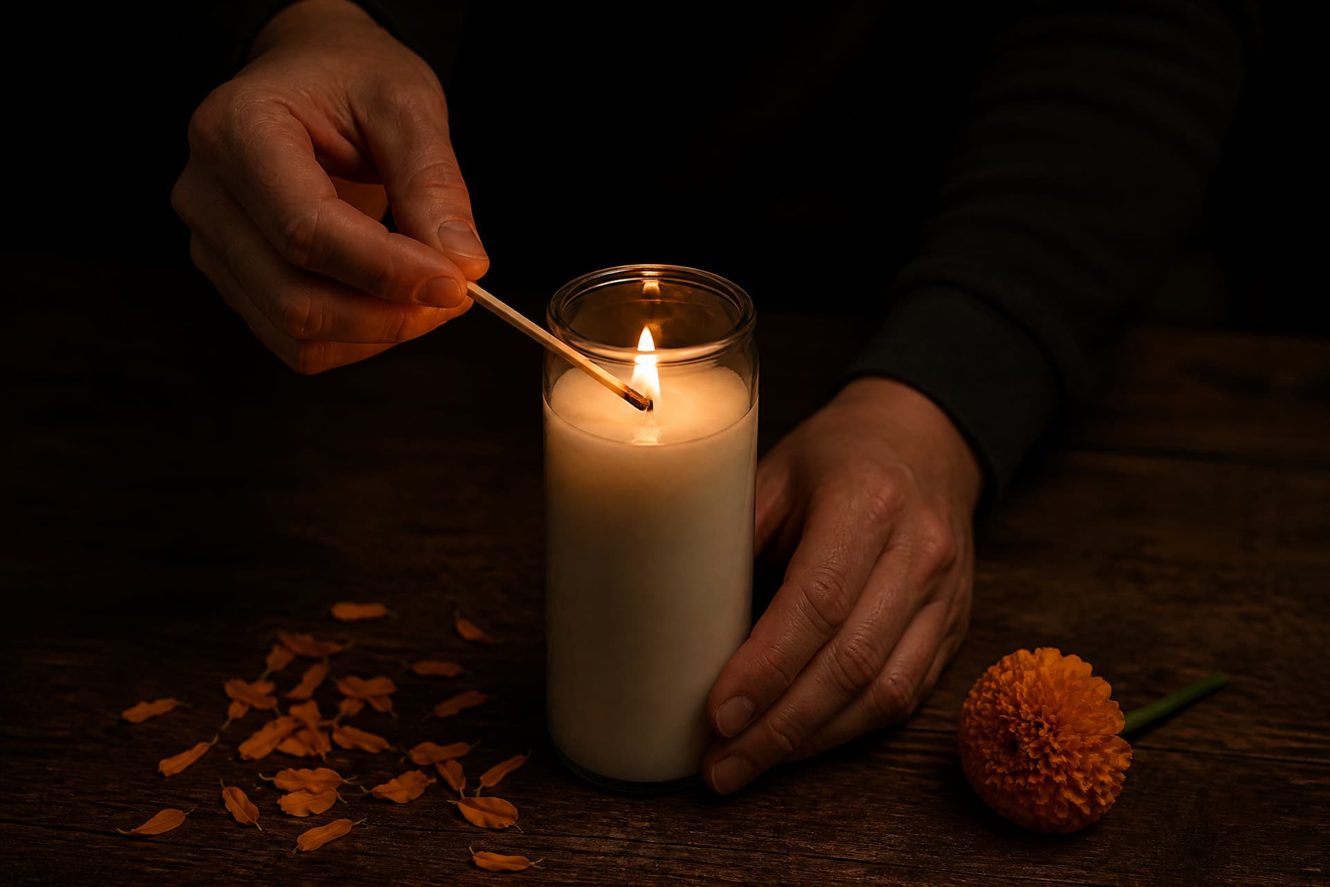 Close crop of two hands lighting the wick of a tall candle in a plain clear glass jar with a long match, marigold petals scattered on dark wood beside it, the flame the only light in the frame