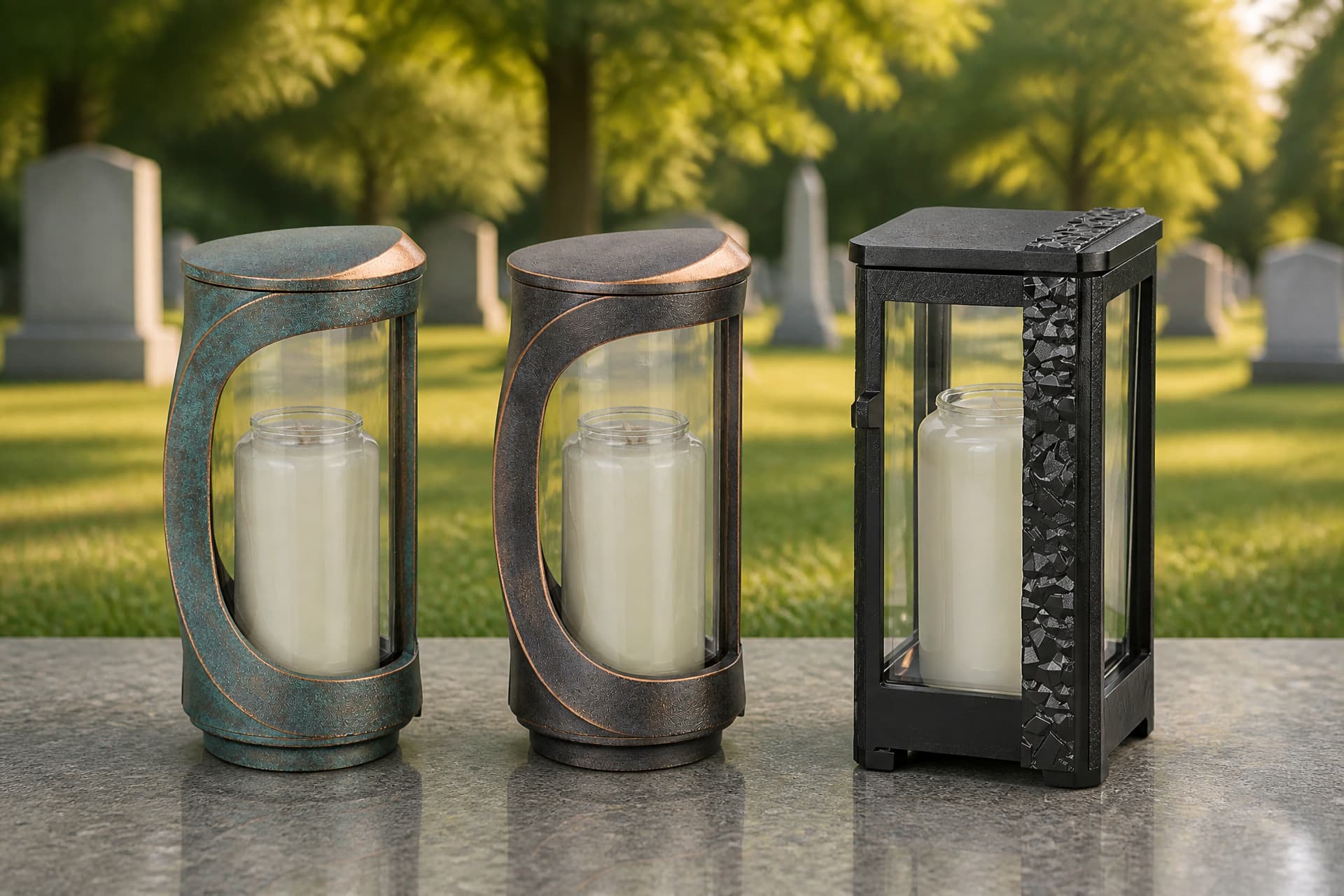 Three cemetery gravesite lamps standing side by side on a polished granite ledge on a sunlit cemetery lawn, each holding a tall glass jar candle behind a glazed panel