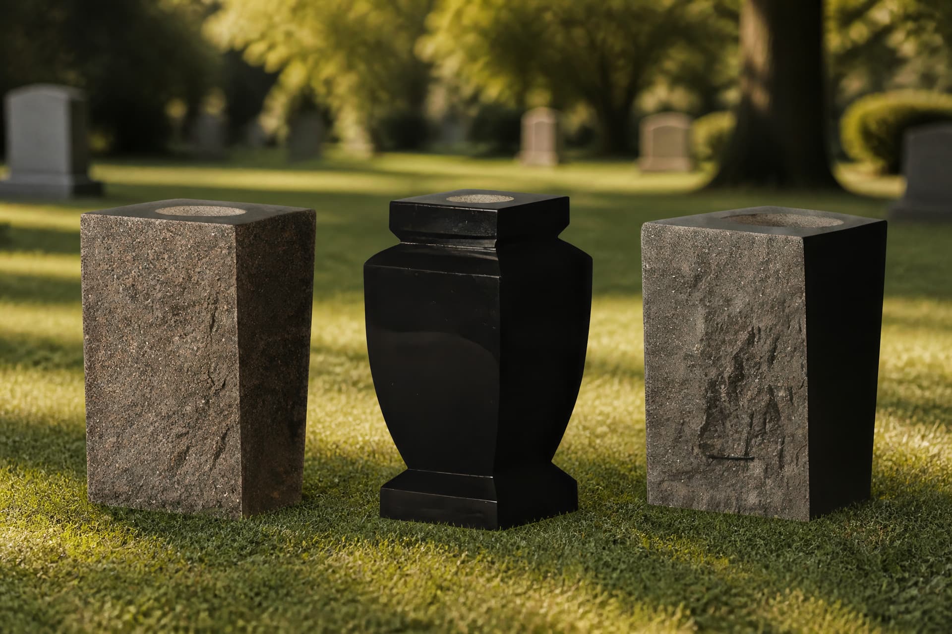 Three granite cemetery vases standing on the grass of a cemetery lawn in late afternoon light, two rough-textured and one polished black, each with its flower opening cut into the top