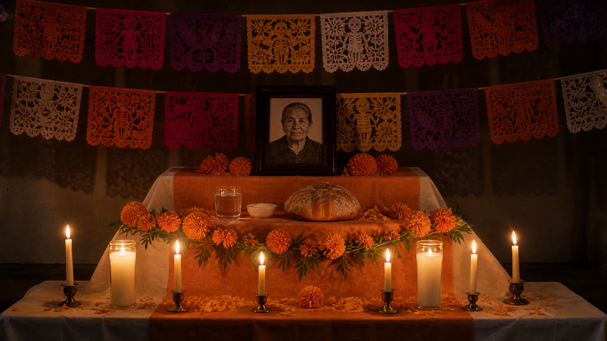 A three-tier home ofrenda photographed straight on after dark, lit only by candles, with a framed portrait on the top step, marigold garlands and loose orange petals across a folded cloth, and cut-paper papel picado strung above